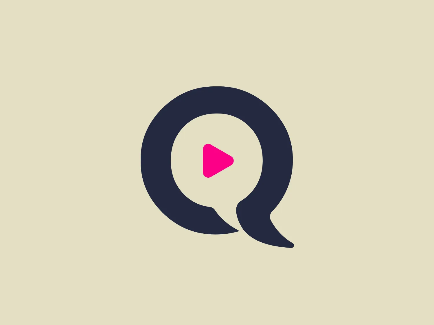 The Quicki logo features a dark navy blue speech bubble with a tail curving around to the left, encapsulating a bright pink play icon at its center. The speech bubble resembles the letter "Q", adding a layer of cleverness to the design. The pink triangle stands out against the darker background, giving off a vibrant and playful vibe. It's a modern and minimalist design, blending communication and dynamism through the combination of a speech symbol and a universally recognized media play button.