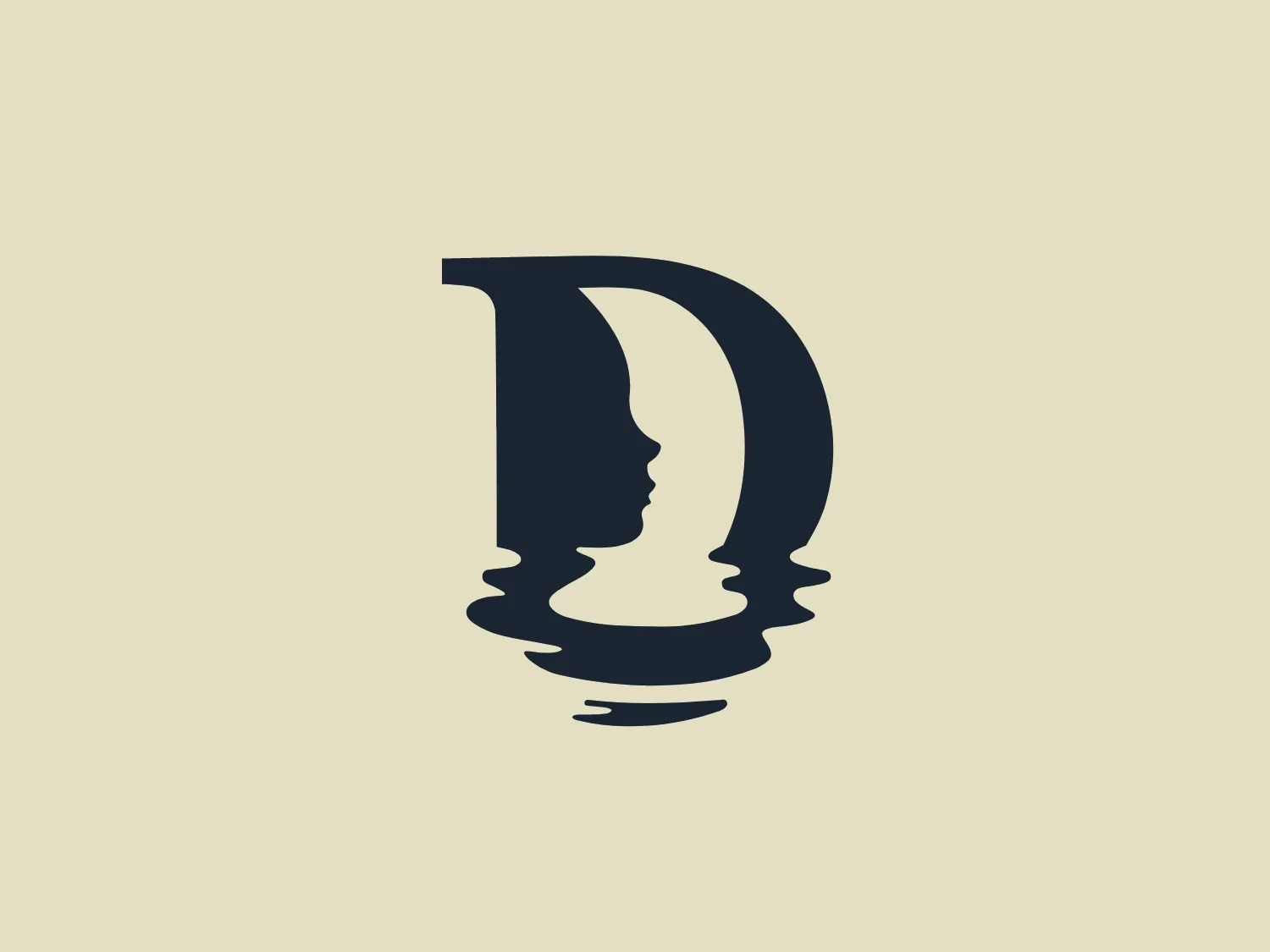 The New River Dermatology logo features a stylized letter "D" in a deep navy blue color. Within the curves of the letter, a negative space creates the outline of a face in profile from forehead to chin, forming an artistic and clever use of the letter's shape. The design is modern and minimalistic, with the contrast between the solid color and the white space of the silhouette drawing the eye and giving the logo a unique and memorable presence. The contours of the "D" also suggest ripples or waves, adding a dynamic element to the design.