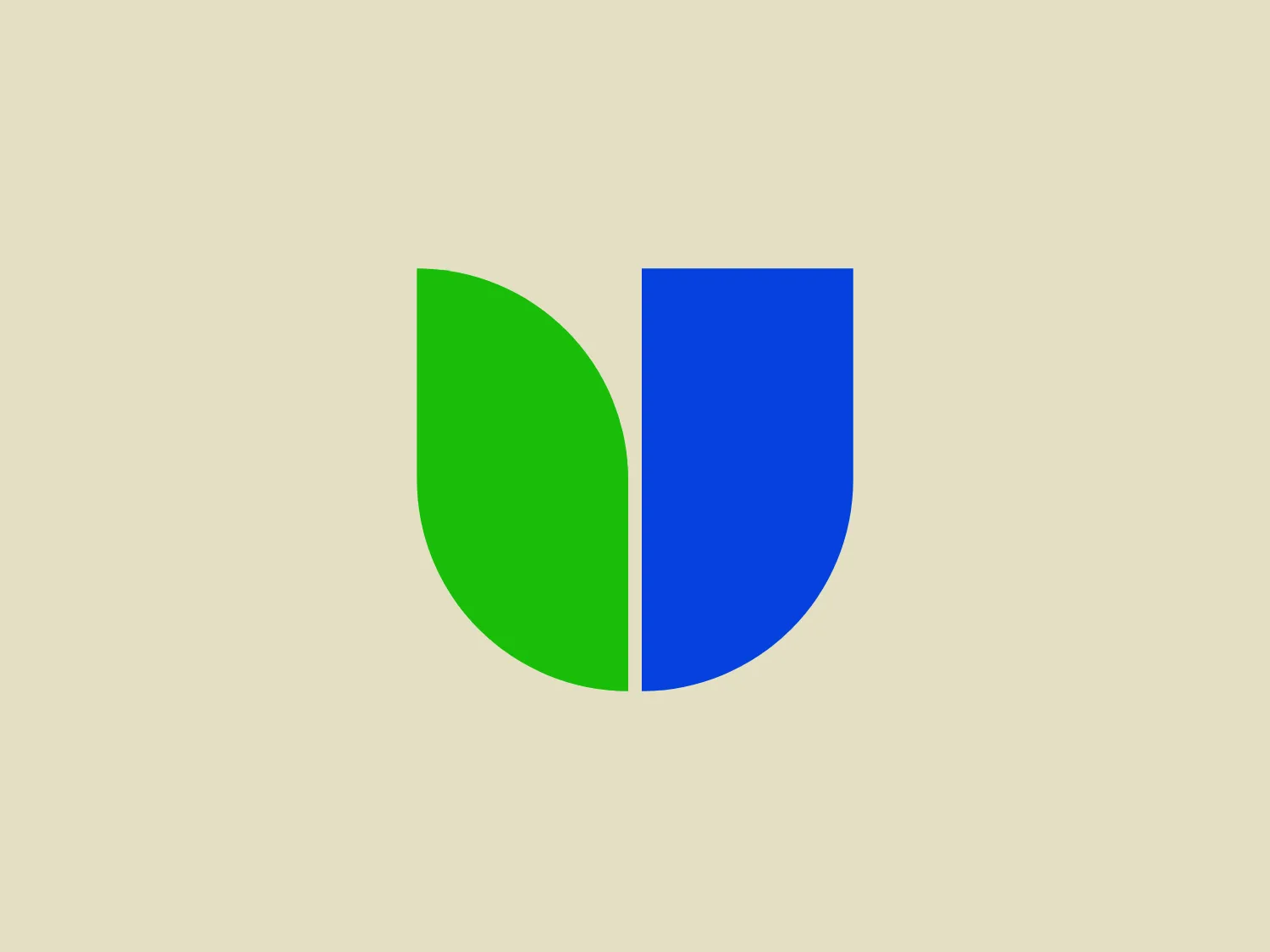 The Uriach logo is a minimalist design featuring two symmetrical halves that form a shield-like shape when combined. The left half is a vibrant green, while the right is a bold blue. Both halves are flat colored without any gradients or texture, adhering to a modern and clean aesthetic. The design is simple and communicates stability and protection, possibly representing security or an environmentally conscious organization. Considering the strong colors of the Uriach logo, a subtle and neutral background would complement it well.
