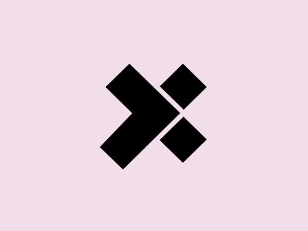 The image depicts a bold, geometric logo consisting of thick, black shapes forming a stylized letter "X" for the X-Team business. The central part of the "X" is the largest shape, with two diagonally opposed corners extended to create a dynamic feeling of movement or rotation. The other two arms of the "X" are truncated, reinforcing the logo's modern and abstract nature. The contrast between the black shapes and the white background accentuates its minimalist design aesthetic. Given the strong contrast in the logo, a lighter background would preserve its striking visual impact.