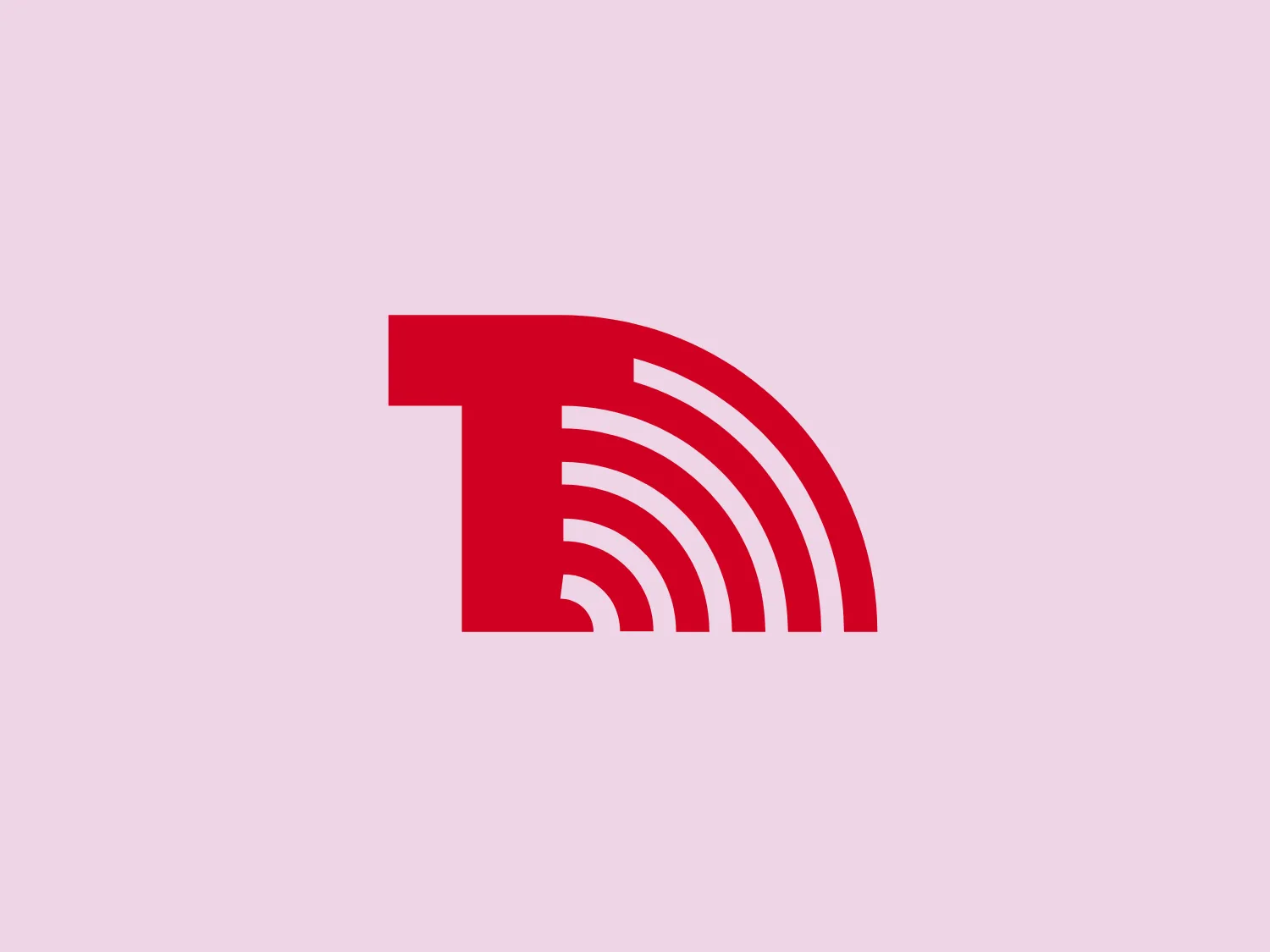 The logo for Telestack features a bold red stylized letter "T" morphing into a series of curved lines, creating an impression of speed or signal broadcasting. The "T" is thick and geometric, while the five curved lines that extend from its right side gradually decrease in thickness from top to bottom. The flat design, with no gradients or shading, gives it a modern and digital look, suggesting connectivity and technology.