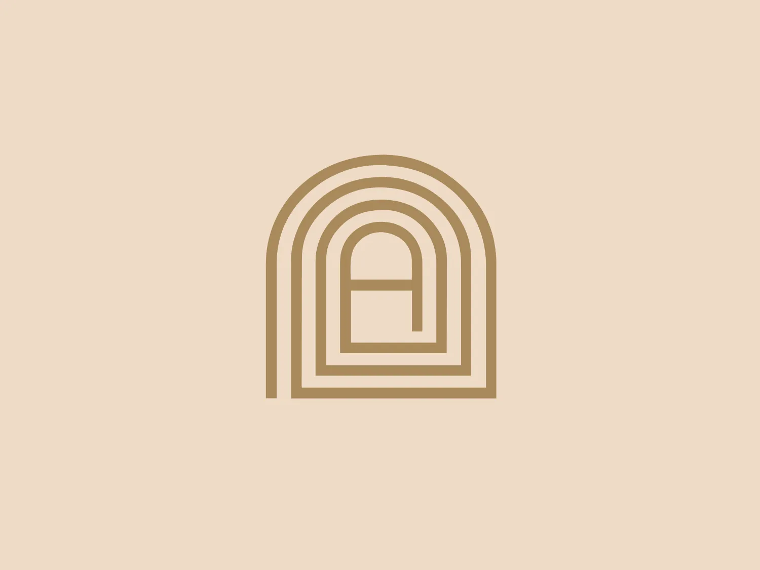The Arch Residential logo features an abstract, geometric design resembling a series of nested arches with a flat base, creating a sense of depth. The modern and minimalist aesthetic is conveyed through multiple lines with varying thicknesses. The monochromatic color scheme in shades of beige gives it a clean and sophisticated appearance. An interesting feature is the smaller, solid shape in the center, reminiscent of a doorway or window, adding to its architectural vibe.