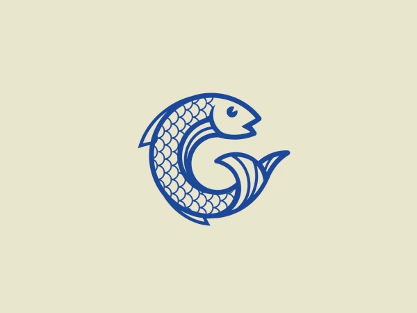 The Greenwich Fish logo features a stylized fish with a circular silhouette, designed using a sequence of interlocking lines and curves that suggest both movement and fluidity. The image consists solely of a solid, deep blue color, invoking themes of water and ocean life. Its scales are represented by a series of overlapping semicircles, decreasing in size as they progress towards the tail, which splits into a elegant, dual-fluke shape. The fish's eye is a simple circle without embellishment, providing a focal point and a sense of life to the otherwise abstracted form. The logo balances a sense of organic life with graphic simplicity, making it versatile and clear for various uses.