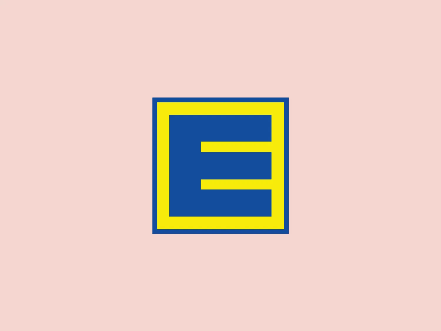 The Edeka logo features a bold, capital letter 'E' in a vivid royal blue (#4169E1) set against a slightly lighter blue (#6495ED) background, all enclosed within a strong yellow (#FFD700) border. The 'E' has been designed with three equally spaced horizontal bars and is sans-serif, creating a modern and clean look. The thick yellow border creates a striking contrast and adds to the logo's visibility and distinctness. With its simplistic yet strong geometric form, the logo conveys a sense of stability and reliability. It's a logo that would likely represent a company with a straightforward, transparent, and energetic brand identity. The hex code for the lighter blue is #F7DED6.