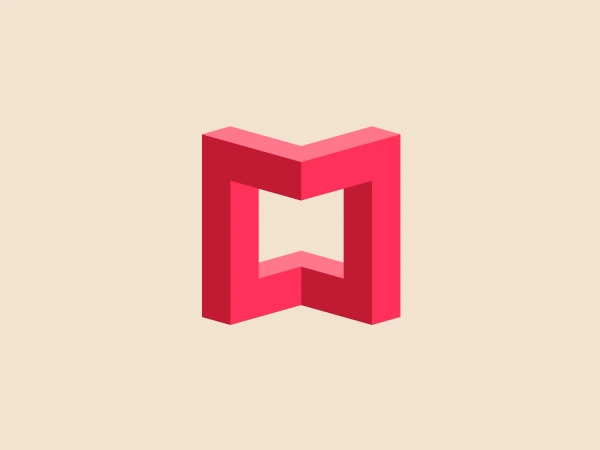 The Matterport logo presents a stylized letter 'M' with a three-dimensional effect, consisting of various shades of pink and red. It features sharp angles and clean lines that give it a modern and geometric appearance. The clever use of gradient and shadowing creates an illusion of depth, making the 'M' appear to stand upright. The overall design aesthetic is contemporary and sleek, suitable for a brand aiming to convey innovation and sophistication.