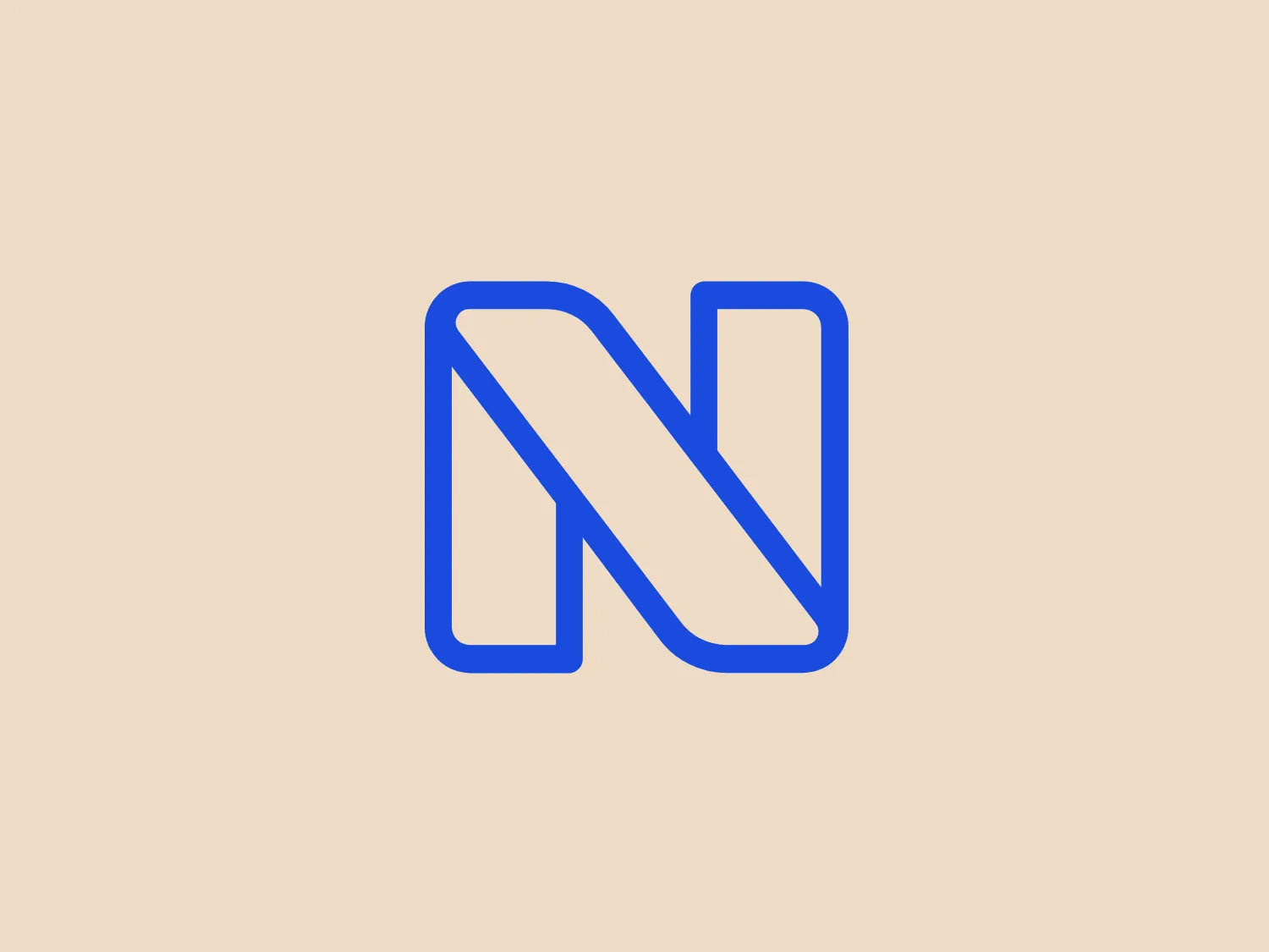 The image depicts a stylized, abstract logo composed of geometric shapes that form a letter "N" for NearForm. It utilizes a single, solid color—vibrant blue—with no shading or gradient, giving it a flat and modern appearance. The design is made up of two right-angled triangles, their hypotenuses extending and intersecting to complete the letter form, suggesting motion or a forward dynamic. The lines are bold and evenly weighted, and there are no additional embellishments, which contributes to the logo's clean and minimalistic aesthetic.