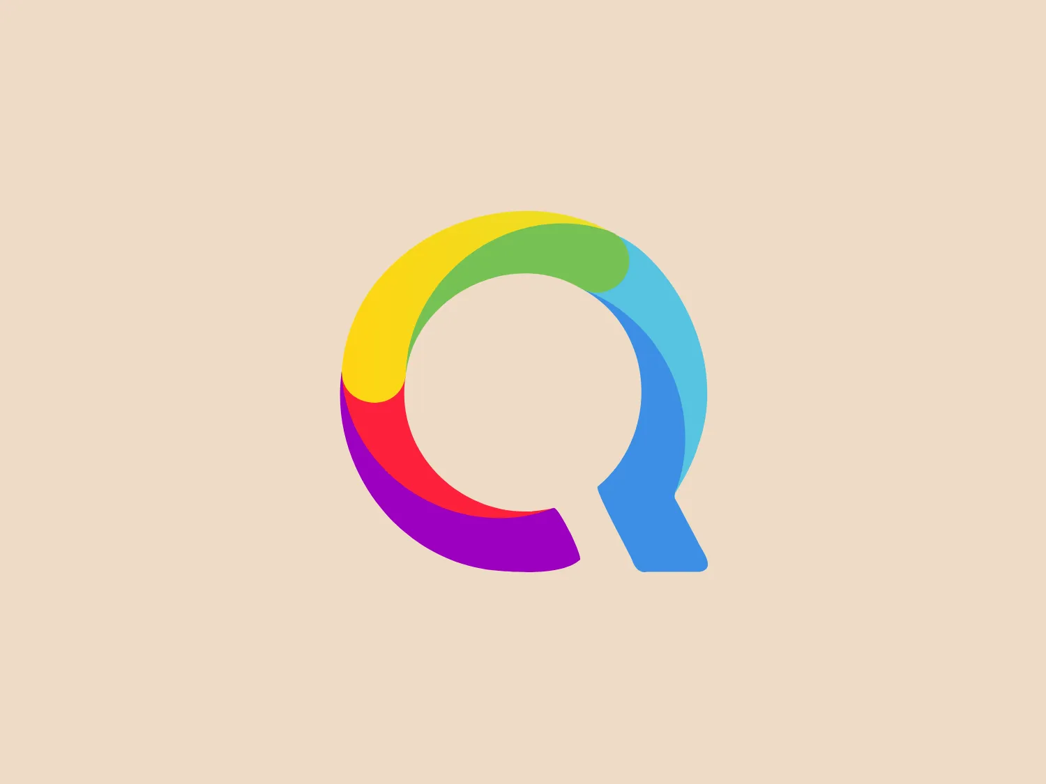 The Qwant logo features a stylized letter "Q" with a design that mimics a continuous ribbon or loop, creating a dynamic and fluid aesthetic. The ribbon thins as it curves, emphasizing movement and grace. The color palette consists of a gradient that transitions smoothly from a vibrant yellow at the top, through shades of green, blue, and into deep purple at the tail end. This use of gradient gives the Qwant logo a modern and friendly look, appealing to a wide audience and suggesting creativity and innovation. To enhance its visual appeal, a soft and neutral background that complements the logo's vibrancy without overpowering it would be ideal.