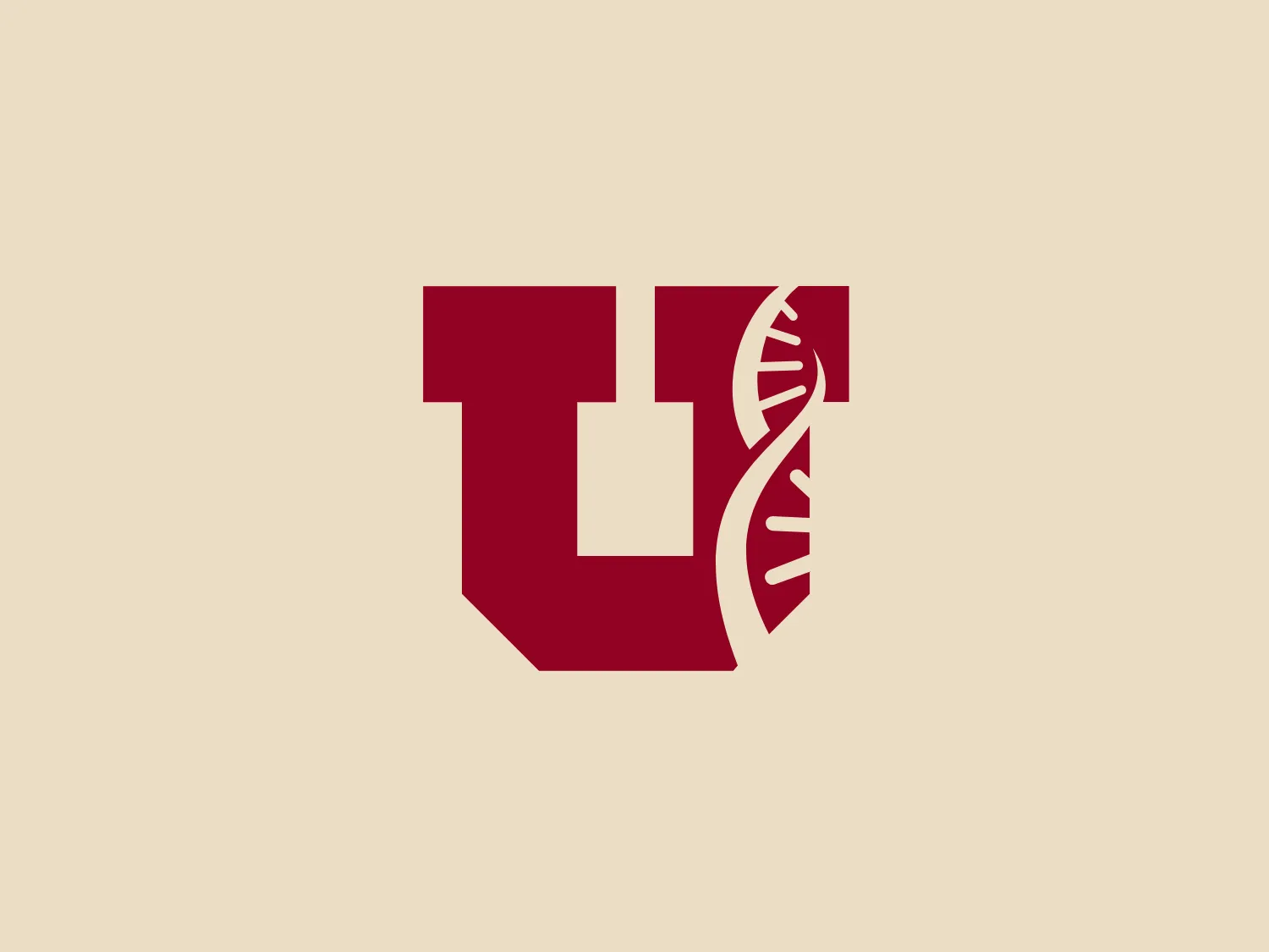 The Utah School of Medicine logo is a two-toned, stylized design that combines a shield-like shape with a DNA double helix. The left half of the logo forms a bold, red shield or crest with a white cut-out that suggests a capital "U." On the right side, the white space intricately morphs into a DNA strand, symbolizing life sciences or biotechnology, with the helix's ladder rungs visible within the shield's contour. The overall aesthetic is modern and clean, implying precision, protection, and scientific inquiry. The coloration is a strong, deep red against a simple white, suggesting confidence and vitality.
