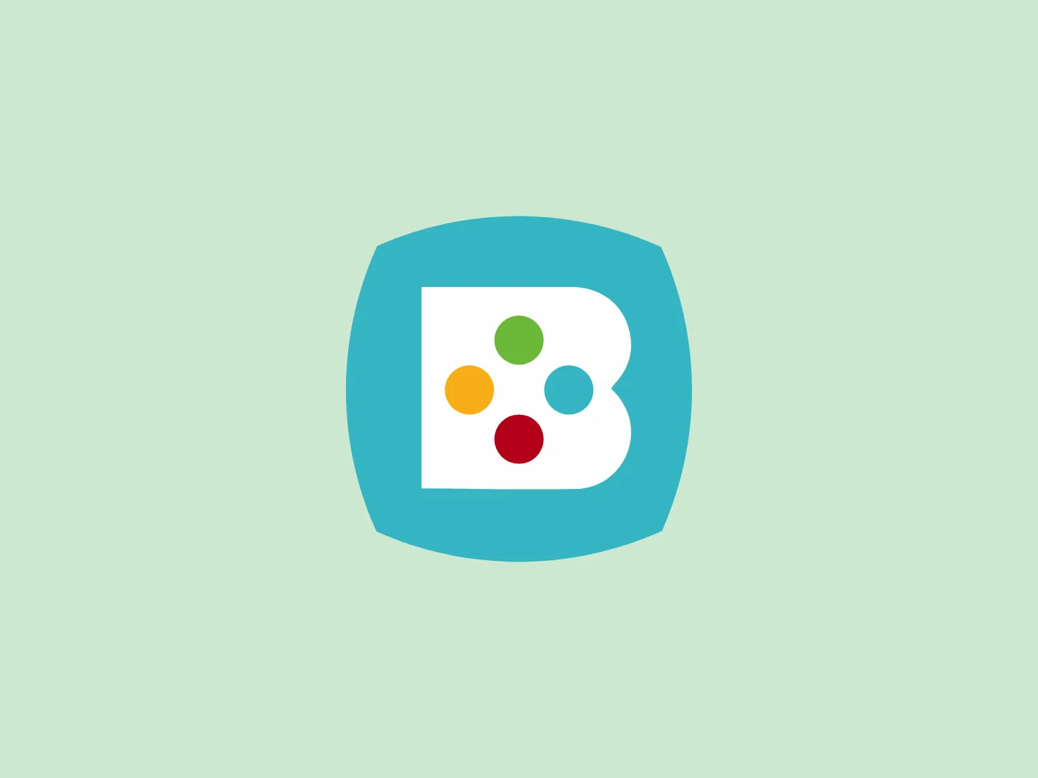 The Beep Industries logo features a playful and modern design, with an abstract form resembling a stylized lowercase 'b' within a rounded square. The white 'b' shape is positioned off-center within the square, while the square itself has a soft turquoise hue. The 'b' contains four solid-colored circles in green, yellow, red, and blue, conveying diversity and dynamism. The bright and engaging color palette, along with the clean and simplistic design, makes this logo suitable for a brand related to creativity, technology, or community.