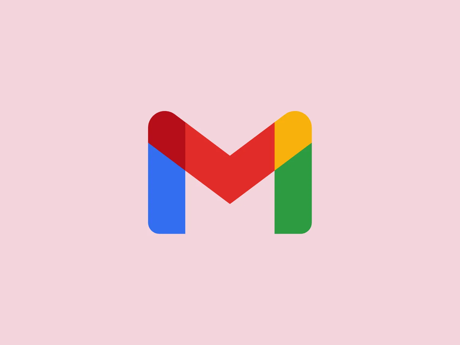 The Gmail logo showcases an abstract, stylized letter "M" made up of four different colored geometric shapes. The design gives the impression of paper or ribbon folding over and under itself, adding depth and dimension. The colors span from bright blue on the left, transitioning to red, followed by golden yellow, and ending with a flat, rich green on the far right. The logo's overlapping design and vibrant colors result in a dynamic and modern aesthetic that is instantly recognizable.
