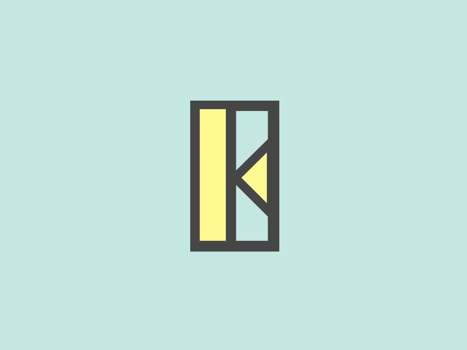 The logo for A Karen Black Company features a stylized letter "K" composed of geometric shapes. The primary structure is a tall, slim rectangle divided into three distinct sections. The left segment is filled with a solid pale yellow color, while the central and right segments are delineated by crisp, angular lines, forming a bold, dark gray "K" against a light gray background. The design aesthetic is modern and minimalist, with a clean, professional appearance marked by the use of contrasting colors and sharp lines. It's notable that the negative space created by the gray lines helps in defining the letter "K", adding to the logo's visual interest.