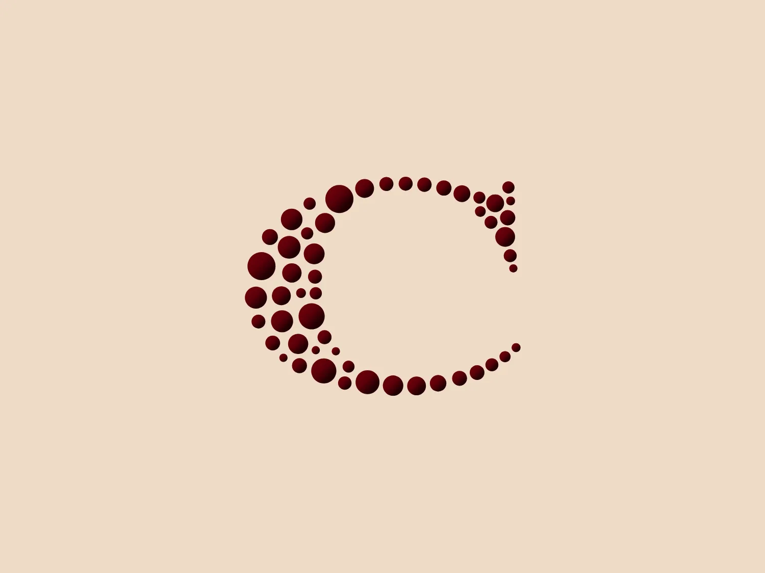 The Caviar Films logo showcases a stylized letter "C" created by an array of circles in various sizes, forming a dynamic and swirling spiral effect. The circles progressively enlarge from one end of the spiral to the center before diminishing. The logo's bold and energetic appearance is achieved through the use of a single, deep shade of red. The innovative use of varying circle sizes adds depth, creates the illusion of movement, and results in a modern and attractive design. The gradient-like increase in circle size also hints at growth or expansion. To enhance its visibility and modern aesthetic, a pale, complementary background is recommended for the logo.