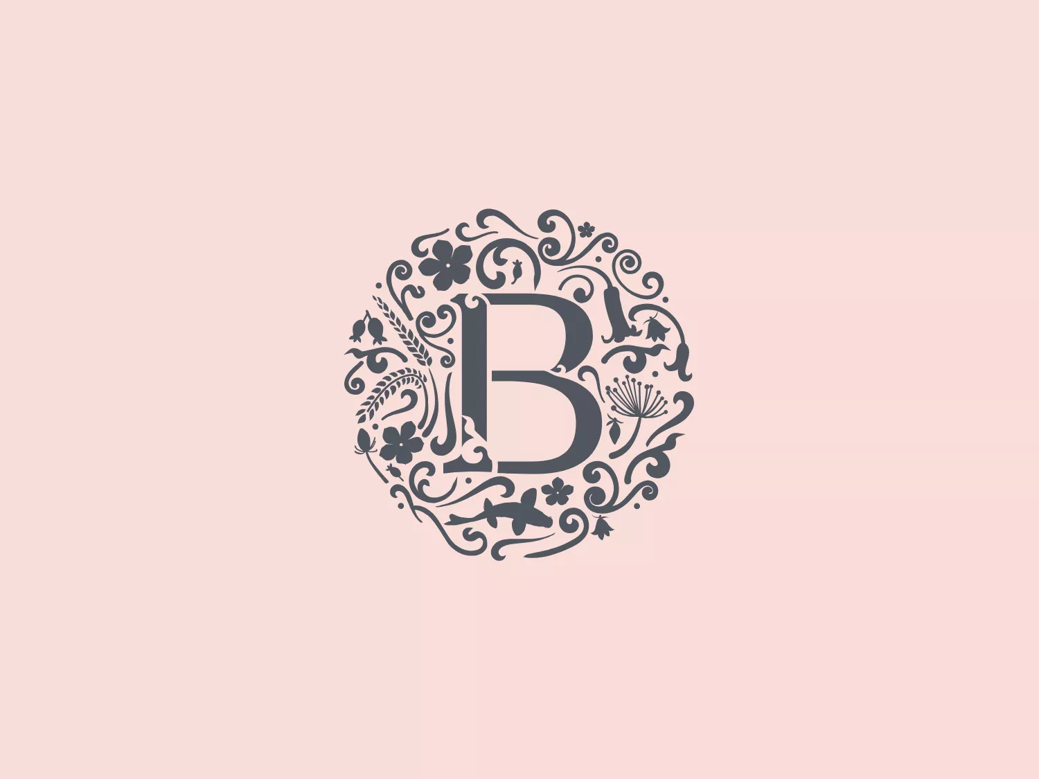 The logo presented is a circular emblem that features elaborate and decorative elements. At its center is a bold, capitalized letter "B" from Bartholomew Barn that stands out amidst the intricate designs. Surrounding the letter are floral patterns and swirls, evoking a vintage or classic feel. The composition predominantly uses grayscale tones, giving the logo a refined and ornate appearance. Given its sophisticated and delicate features, a subtle background color would complement the logo well without overwhelming it.