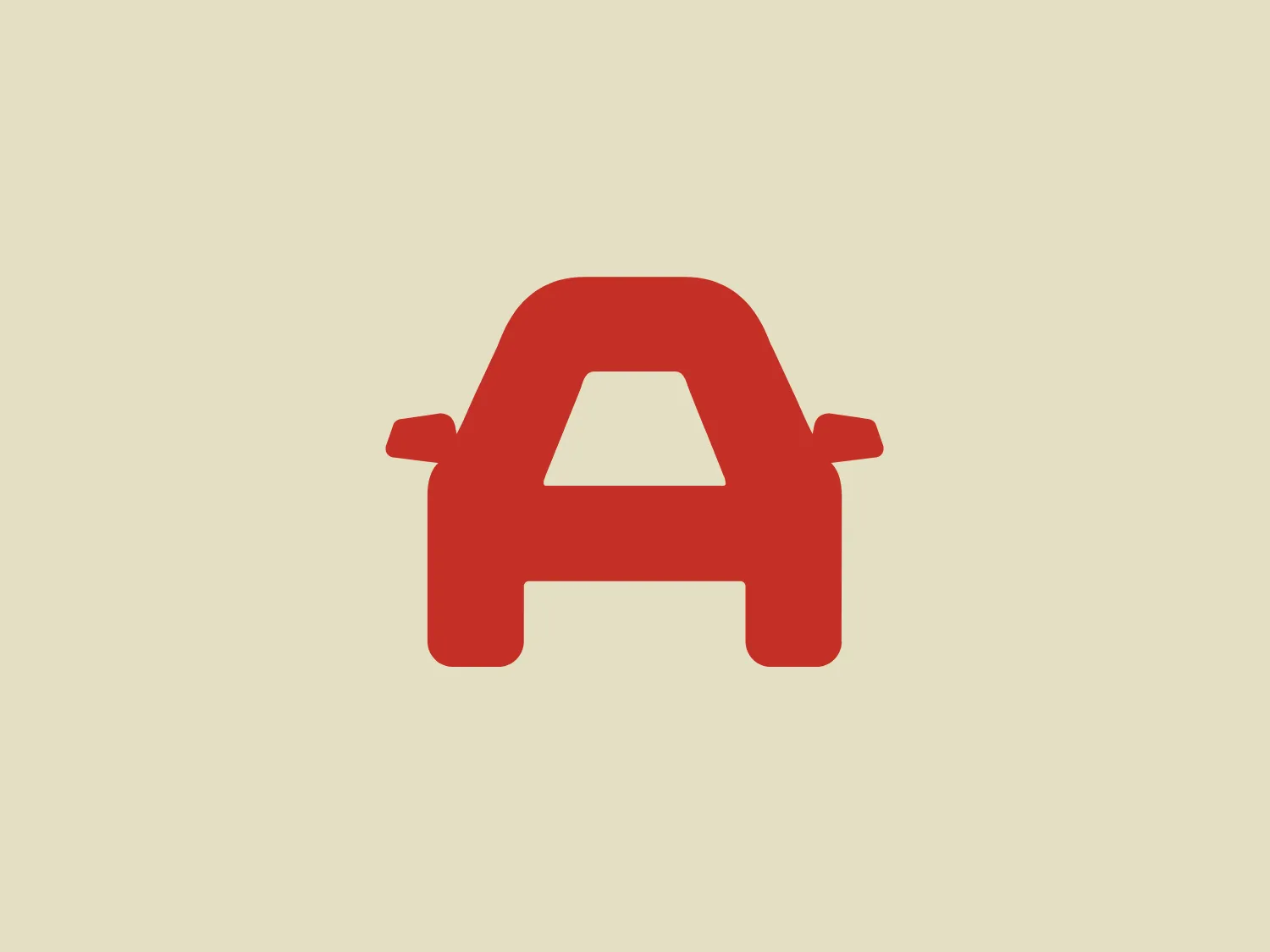 This image depicts a minimalist, modern logo of a car seen from the front. The design is formed by clean and geometric shapes, featuring a thick line that outlines the vehicle in a trapezoidal shape for the body, rounded rectangles for wheels, and the roof forming an "A" shape. The logo follows a flat design aesthetic without gradients or shadows, using a strong and impactful solid red color. The boldness of the red color indicates the potential for a neutral background with soft contrast.