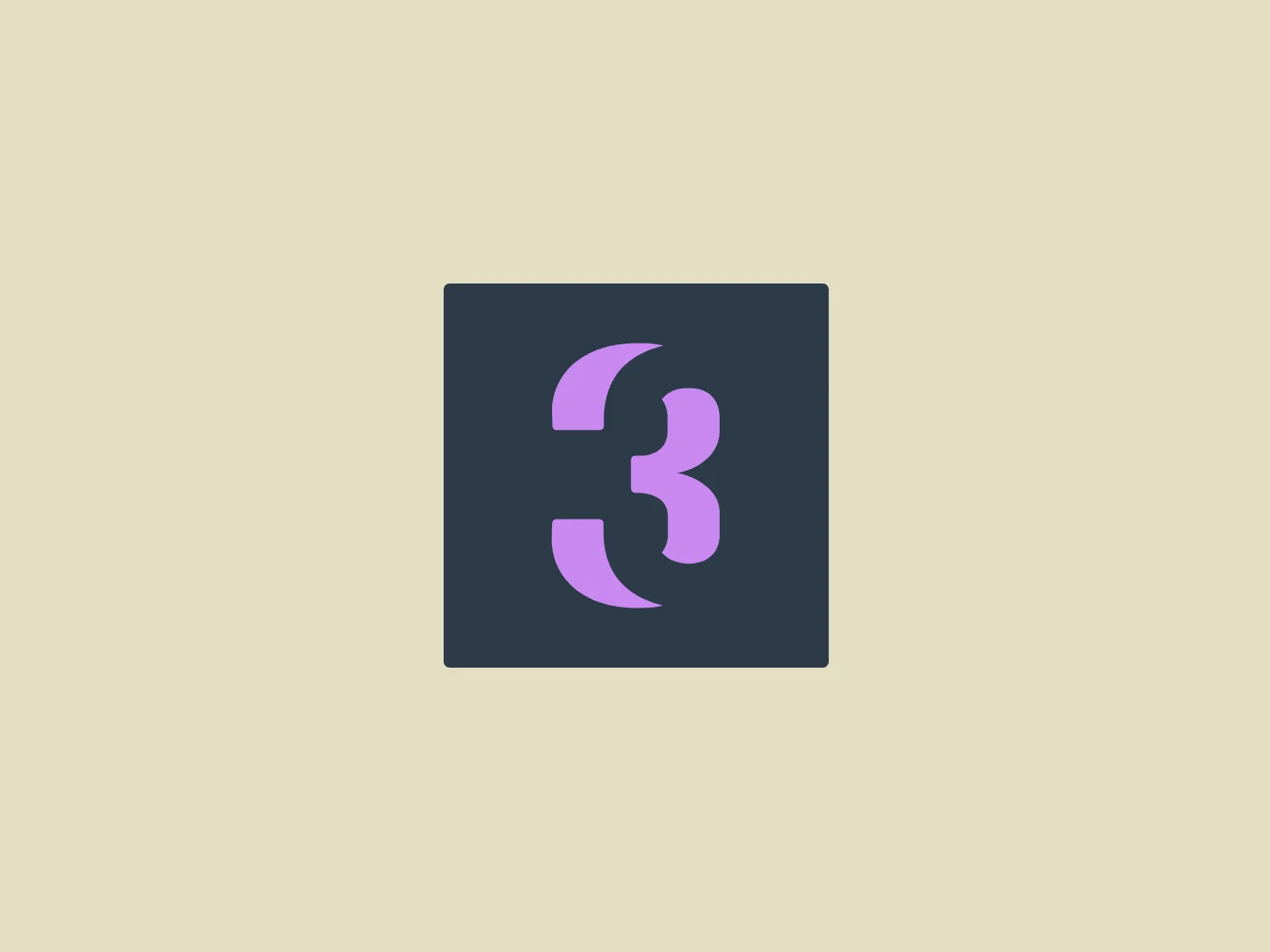 The logo in the image features a stylized number 3 in a soft purple shade (#9B51E0) set against a dark gray square background. The design aesthetic is modern and minimalist, with gentle curves softening the geometric numeral. The number appears to be slightly italicized, conveying movement and fluidity. This simplification emphasizes readability and a contemporary feel, making it versatile for various applications. Hexcode: #F2E2D0
