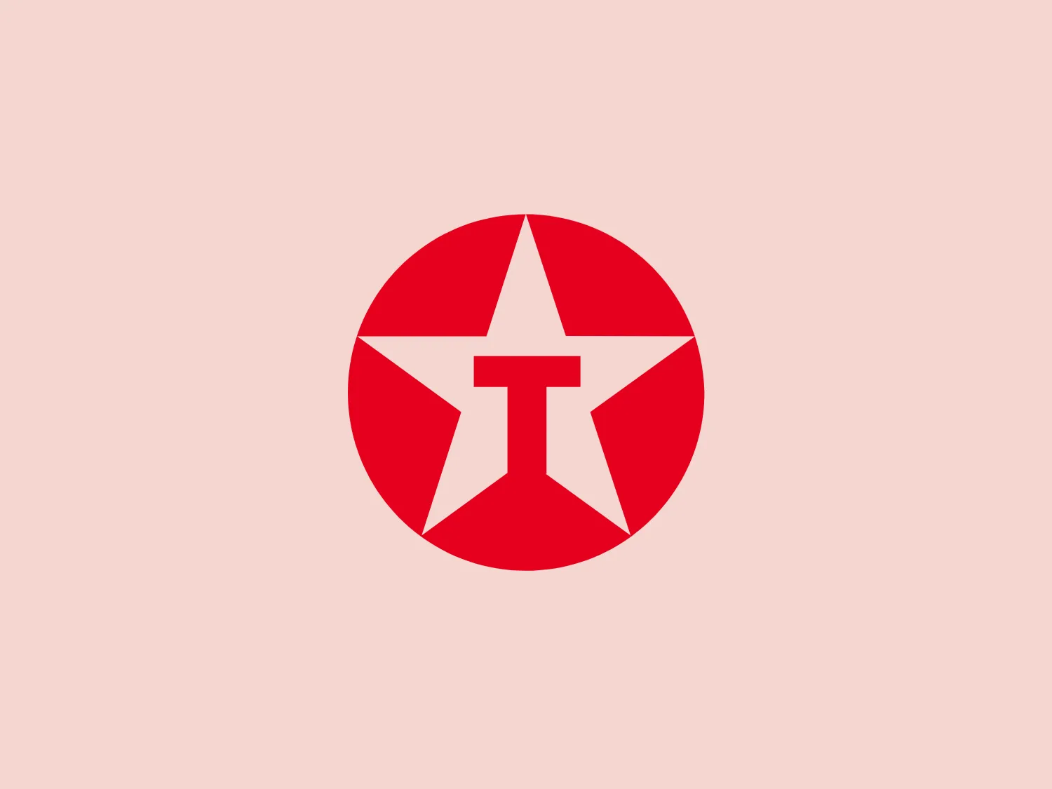 The Texaco logo is a bold, red circular design featuring a central white five-pointed star. Inside the star, a cleverly integrated capital 'T' can be seen, with its vertical stroke coinciding with one of the star's vertices extending downwards and its horizontal stroke intersecting across the star's central horizontal axis. The points of the star reach the edge of the circle, creating a dynamic and balanced contrast of red and white. The minimal use of color and the geometric harmony offer a modern, simplistic, yet striking aesthetic. Considering the intensity of the red, a neutral and lighter background would complement it well.