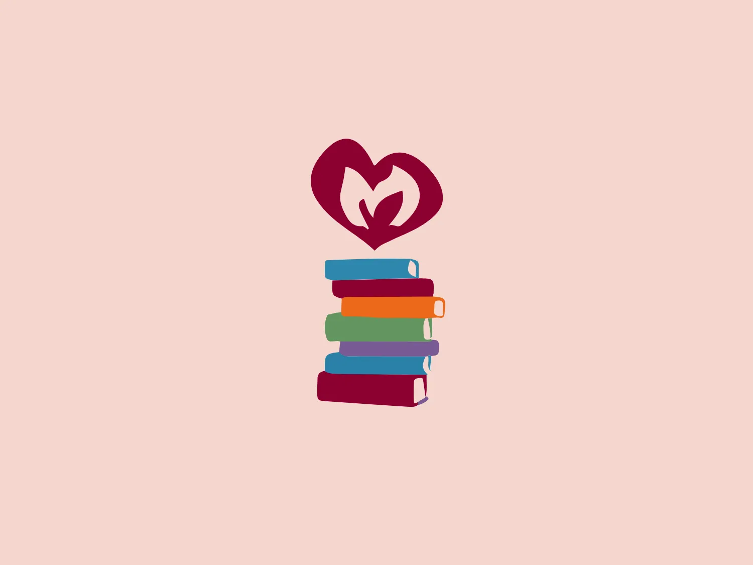 The Chispa Project logo showcases a stack of six horizontally aligned books in varying shades of purple, blue, teal, green, orange, and red. Each book features a slightly visible bookmark and has varying shades to indicate depth. Atop the stack, a crimson-red heart incorporates a stylized representation of two people reading side by side, situated within the heart's negative space. Designed with smooth, curved edges and a friendly aesthetic, the logo evokes a love for reading and the sharing of knowledge. A soft background would complement this logo by enhancing its warm and inviting nature.