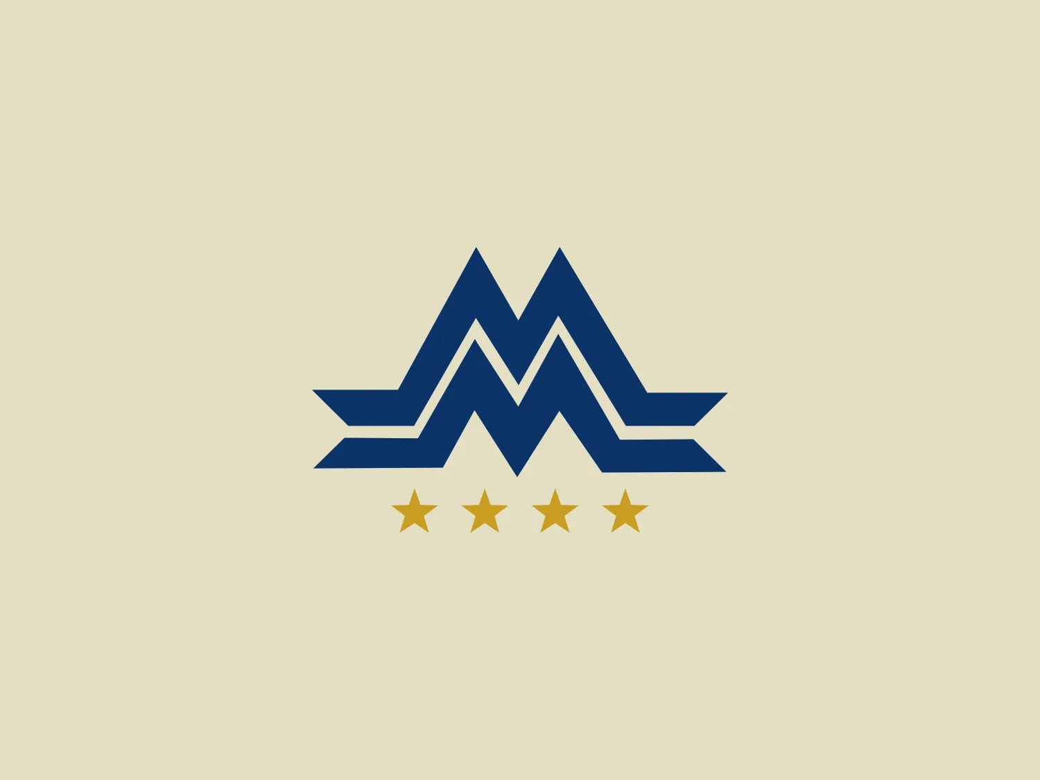 The logo presented for Hotel Monopol Lucerne is a stylized graphic comprising of a bold, double-lined, chevron pattern with a tiered design resembling a mountain or rank insignia, rendered in a deep navy blue color. Below the chevron are three five-pointed stars arranged in a horizontal line, colored in a bright golden yellow. The overall design aesthetic suggests a theme of achievement, prestige, or authority, potentially aligning with military, academic, or corporate branding. The logo conveys a sense of professionalism and solidity through its strong geometric forms and limited color palette.