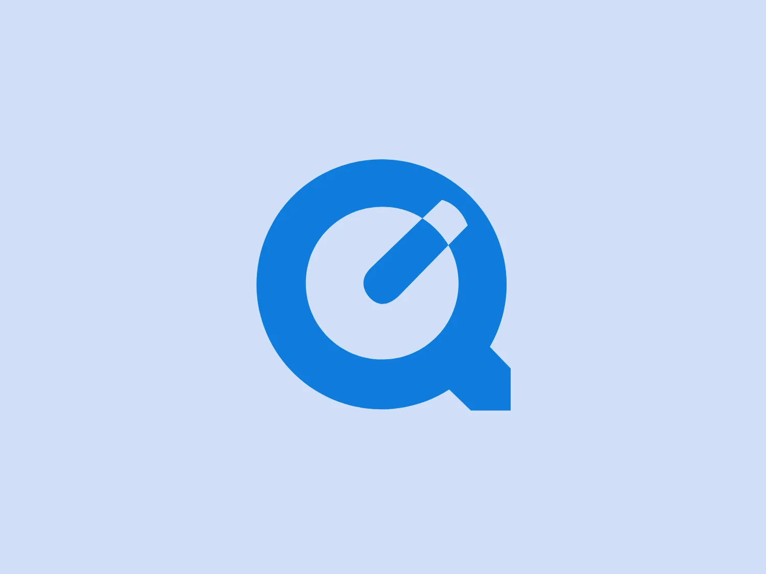 The image displays a modern and simplistic Quicktime logo featuring the letter 'Q' in a solid, vibrant shade of blue. The design of the 'Q' includes a stylized tick or check mark cutting through the tail, emphasizing positivity or correctness. The letterform is bold and easy to read, with the check mark endowing the design with a dynamic and active feel. Overall, the aesthetic is very clean, with no gradients or additional embellishments, suggesting a fresh, straightforward brand identity.