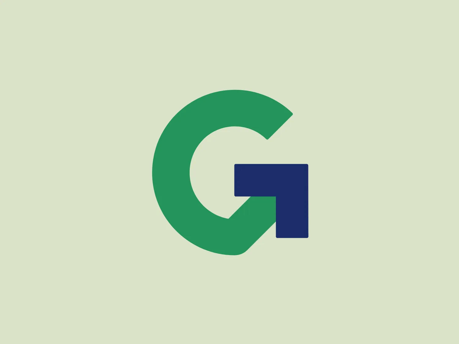 The Greenville ENC Alliance logo is a stylized letter "G" composed of two contrasting colors and shapes. The main portion of the "G" is a bold forest green in a traditional uppercase style with a clean, sans-serif design. The tail of the "G" remains open, providing a modern and spacious appearance. Nested within the green "G" is a smaller, right-angled shape in deep navy blue, evoking a lowercase "g." The interplay of the two colors and shapes produces a striking sense of depth and contrast. The logo's overall look is sleek, modern, and conveys professionalism.