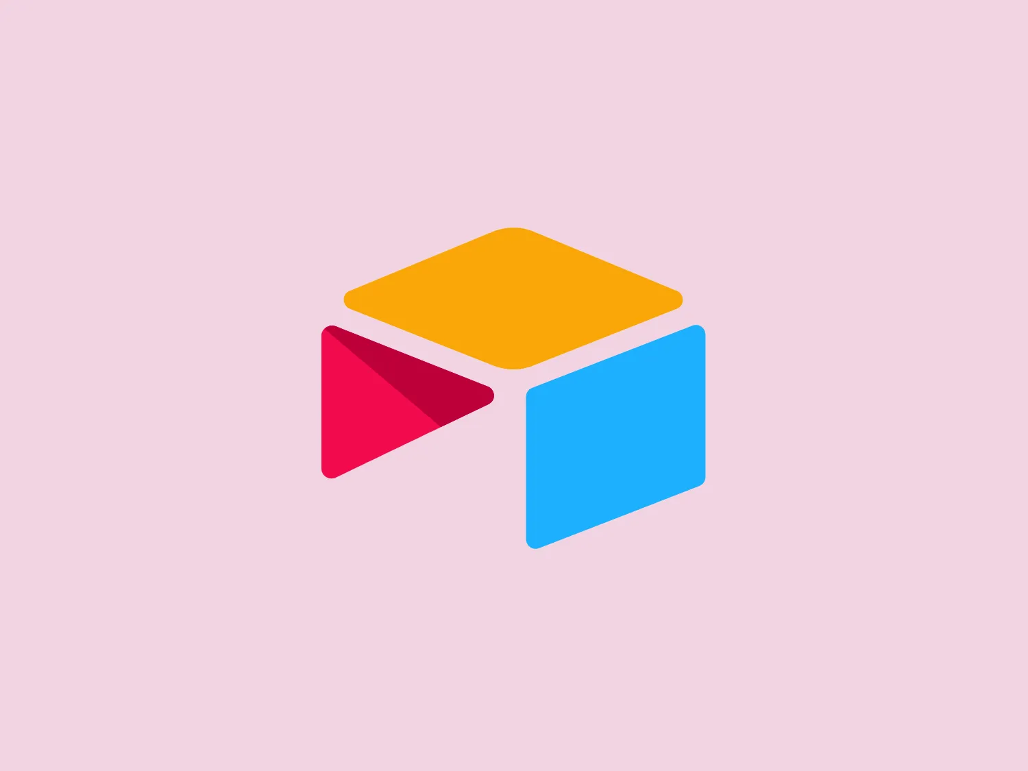 The Airtable logo is a stylized, geometric design composed of three overlapping shapes: a square, a triangle, and a rectangle. The slightly rotated square at the top is filled with vibrant yellow, while a blue rectangle sits below and to the left, and a red triangle overlaps both. The modern and playful design features bold, flat colors and a sense of dimension created by the overlapping elements, suggesting connectivity and integration.