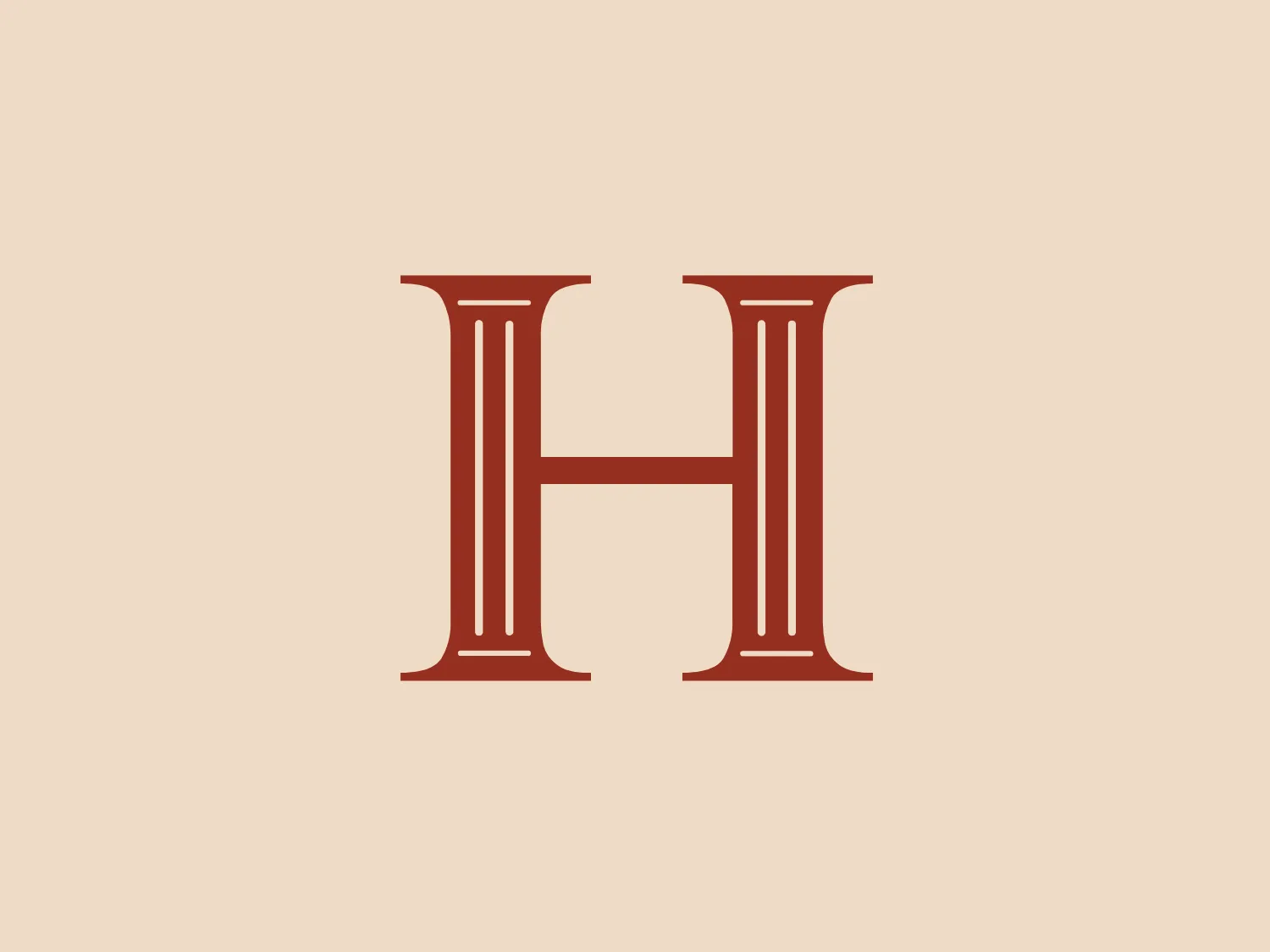 The logo for Hewins Law features a stylized letter "H" with a sophisticated and classical aesthetic. It consists of two vertical columns with a base and capital reminiscent of Roman architectural columns, connected by a horizontal bar. The primary color scheme is a muted, earthy burgundy tone, which gives it a timeless and luxurious feel. The lines are clean and even, with minor fluting on the columns, suggesting stability and permanence. Notably, the serifs on the top and bottom of the columns add a touch of elegance to the overall design.
