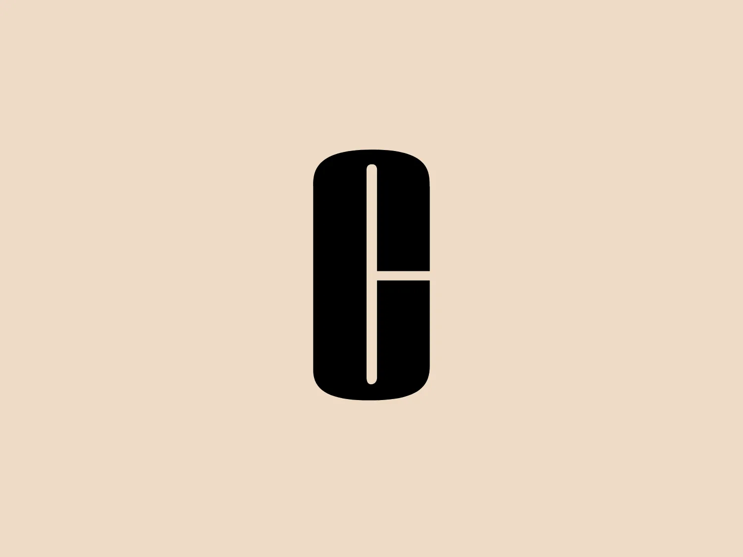 The Clinique logo is a simplistically stylized, black, rounded rectangle shape, bisected vertically slightly to the left of center by a white line that doesn't extend fully to the top or bottom edges. To the right of this vertical line, a shorter horizontal white line intersects it, creating a 'T' like structure within the rectangle. The design has a modern, minimal aesthetic with a bold contrast between the solid black background and the crisp white lines. For a background that complements this logo, a neutral yet warm shade that doesn't compete with the logo's simplicity would be ideal.