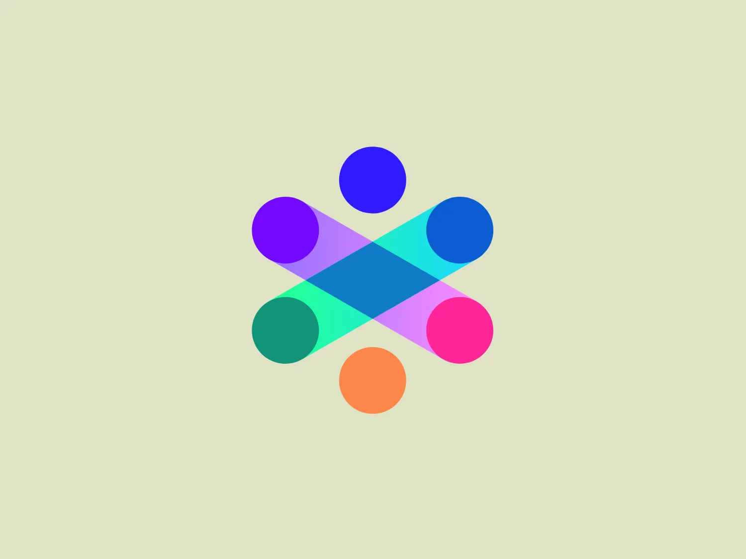 The XRecruiter logo features a symmetrical, abstract design with a central cross shape composed of elongated ovals of varying sizes, overlaid in a dynamic, pinwheel arrangement. The color palette is vibrant and includes shades of purple, blue, green, and pink, with an orange dot situated below the cross, creating a sense of balance. The overall design aesthetic is modern and playful, with a sense of movement and connectivity implied by the interlocking shapes. The gradient within each shape adds depth and a digital, energetic vibe to the logo.