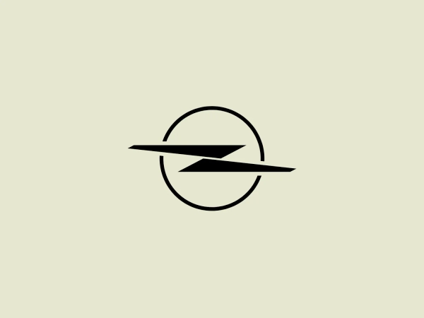 The Opel logo showcases a bold black lightning bolt that horizontally bisects a perfect circle. The design embodies a sleek and modern aesthetic with sharp angles and clean lines. The lightning bolt is stylized with a sharp zigzag pattern in the central region, creating dynamic movement within the static circle. The contrast between the round shape of the circle and the angular lightning gives the logo a striking look. This contrast would be showcased well against a subtle background that doesn't compete with the stark simplicity of the design.