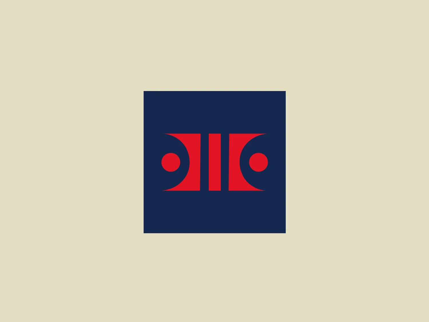 The Hamilton Inn Select logo features a symmetrical design with strong geometric shapes. It consists of a square navy blue background and uses a contrasting bold red color for the central elements. The design includes four stylized pillar-like shapes with round tops that face each other in pairs, creating a sense of balance and stability. Each pair is separated by a thin, vertical line, and the space around the shapes forms a cross-like negative space that gives the design an emblematic feel. Based on the overall aesthetic of the Hamilton Inn Select logo, a soothing and complementary background color would enhance its visual impact.