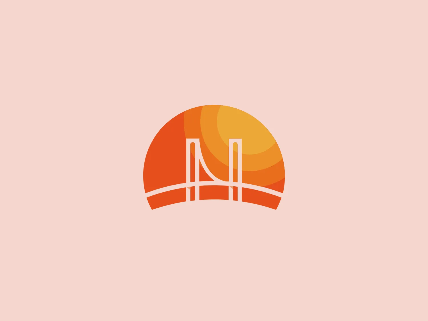 The Nationalities Service Center's logo presents a stylized representation of a bridge or gate within a circular setting that alludes to a rising or setting sun. The color palette transitions from a warm, light orange at the top to a more vibrant and deeper orange hue towards the bottom. The depicted structure is white with clean, straight lines, providing a sharp contrast against the rich background. The overall design aesthetic is modern and minimalistic, with a sense of warmth and dynamism evoked by the rounded shape and the sunset-like colors.
