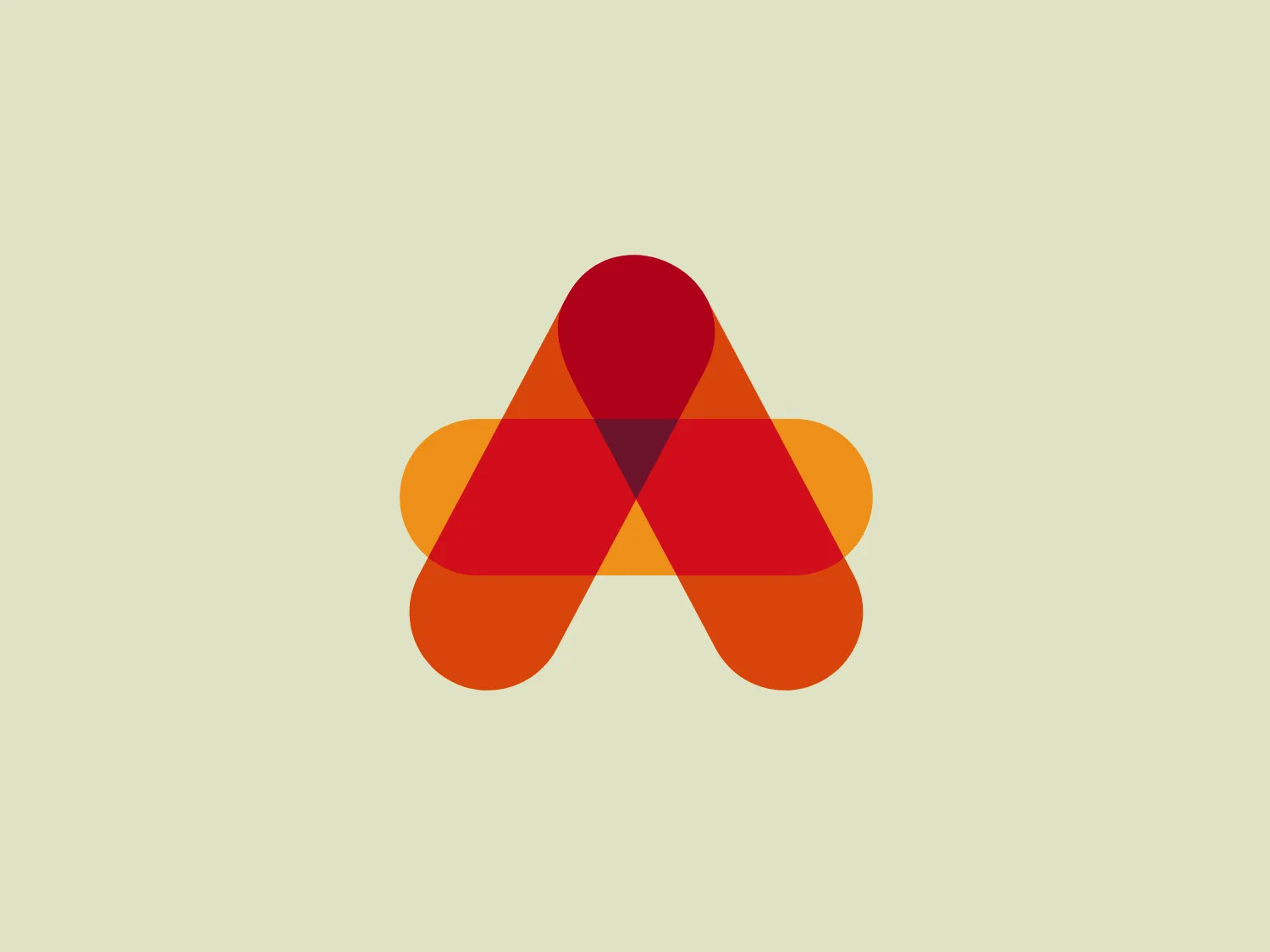 The logo presented is a stylized, abstract representation of the letter 'A'. It consists of three overlaid triangles with rounded edges, creating a cohesive shape resembling a tent or a stylized peak. The color palette includes a deep red at the top triangle, a rich mustard yellow for the bottom left, and a burnt orange for the bottom right triangle. The overlay of these shapes forms additional colors where they intersect, hinting at a dynamic blend and complexity within the design. The overall aesthetic is modern and bold, with a sense of stability and convergence in the symmetry of the form. Given the warm tones of the logo, a background that offers a subtle contrast would complement it well.