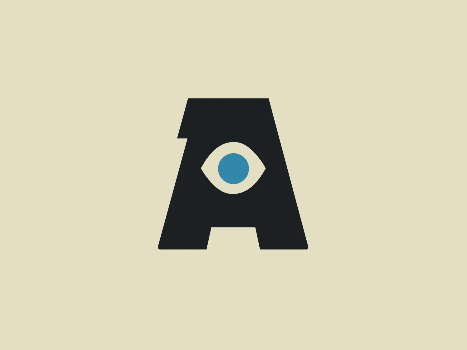 The AtmosFX logo showcases a striking, black capital letter 'A' with a stylized eye graphic centered within the negative space. The eye design includes a white sclera, a light blue iris, and a dark pupil, giving the appearance of a watchful eye embedded in the letterform. The overall design aesthetic is minimalistic and modern, with a clean, geometric appearance that suggests vigilance or insight. The logo has a strong visual impact due to the contrast between the dark letter and the eye's brighter colors.