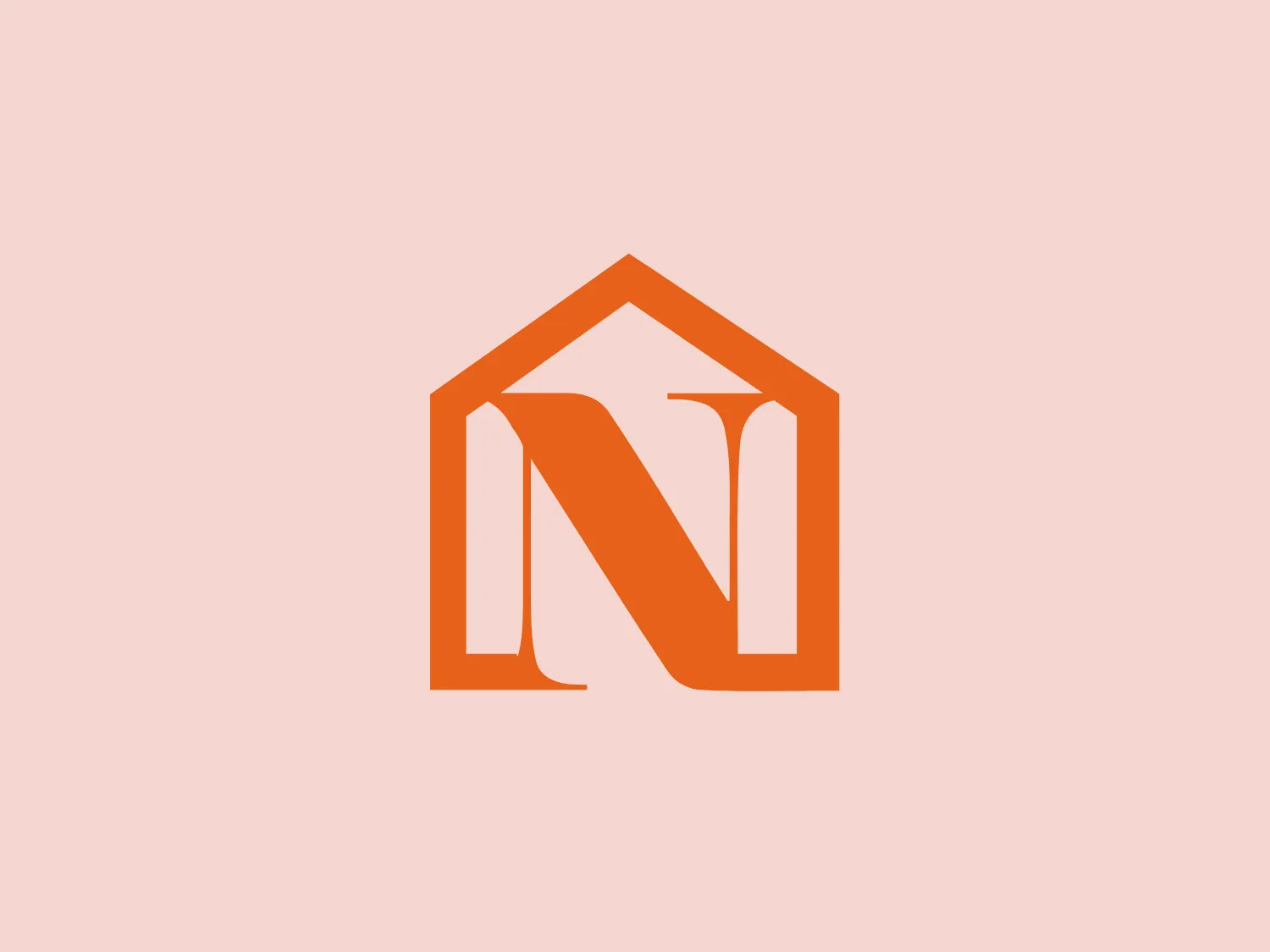 The Nook logo features a bold and modern representation of the letter 'N' enclosed within a house or pointed arch structure. The 'N' is characterized by clean, angular lines and merges seamlessly with the building shape, creating a seamless and easily recognizable design. The vibrant, saturated orange color conveys energy, creativity, and enthusiasm, making the logo adaptable yet clear in its simplicity.