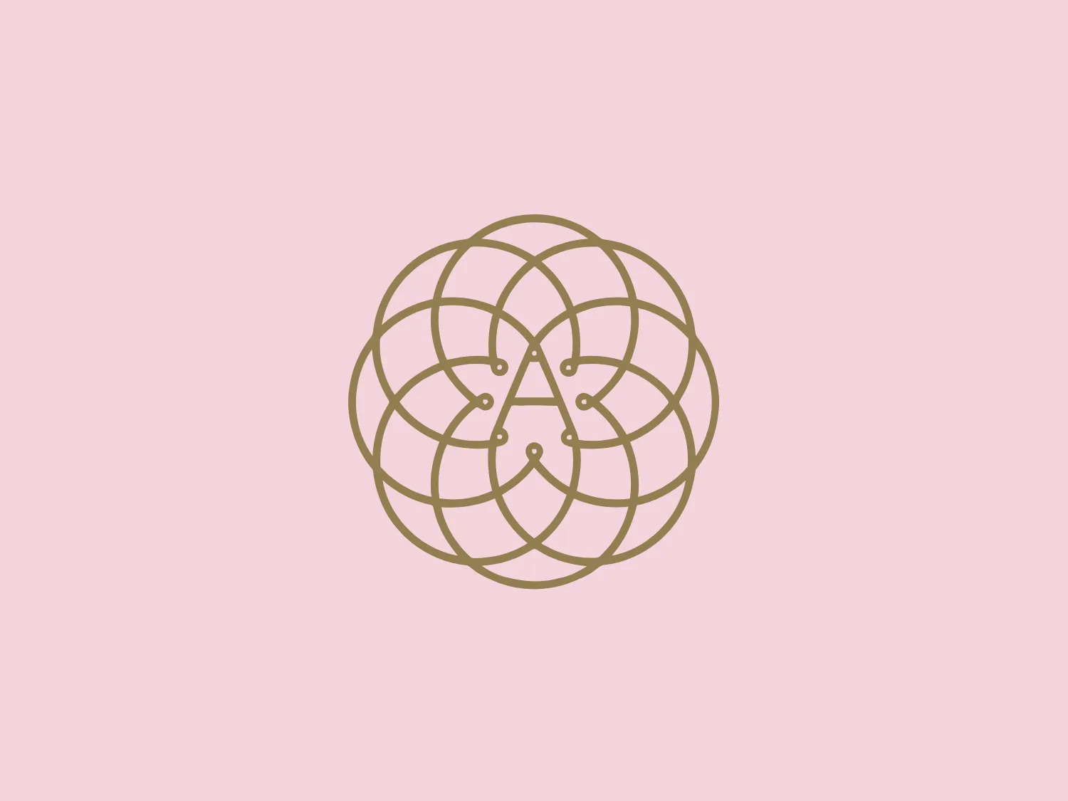 The Alverton's logo is a circular, mandala-like design comprised of interlacing lines creating a complex, symmetrical pattern. At its center, there are three letters integrated seamlessly within the pattern, suggesting a monogram. The design uses a single, muted gold color (#BAA378) which gives it an elegant and premium look. It is minimalistic yet intricate in detail and creates a sense of sophistication and exclusivity. The overlapping lines and loops in the pattern give it a dynamic yet harmonious feel, suitable for a brand looking to convey luxury and precision. Hexcode: #E9E5CF