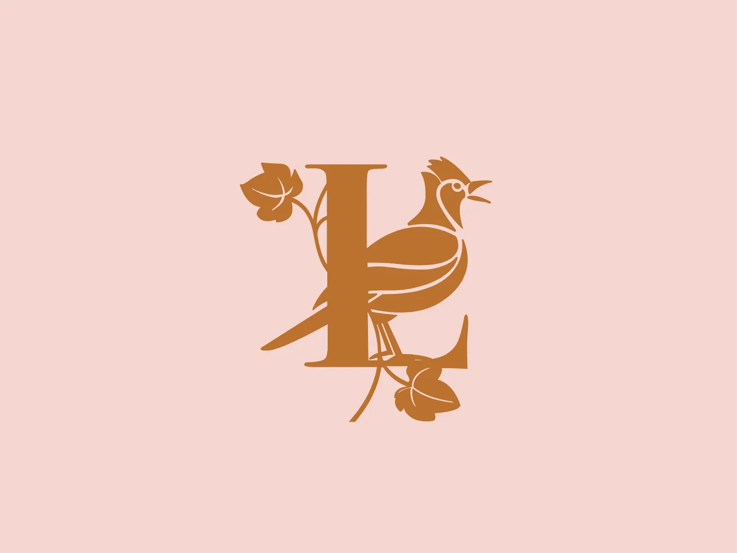 The Logo features a stylized monogram consisting of a capital letter "K" intertwined with floral elements and a perched bird. The design is elegant, with smooth, sweeping lines that suggest a sense of organic growth and natural grace. The color is a solid, rich gold tone that conveys a luxurious and timeless quality. The bird is detailed with careful line work that gives it a distinguished and artistic character, while the flowers balancing the composition add a soft, decorative touch.