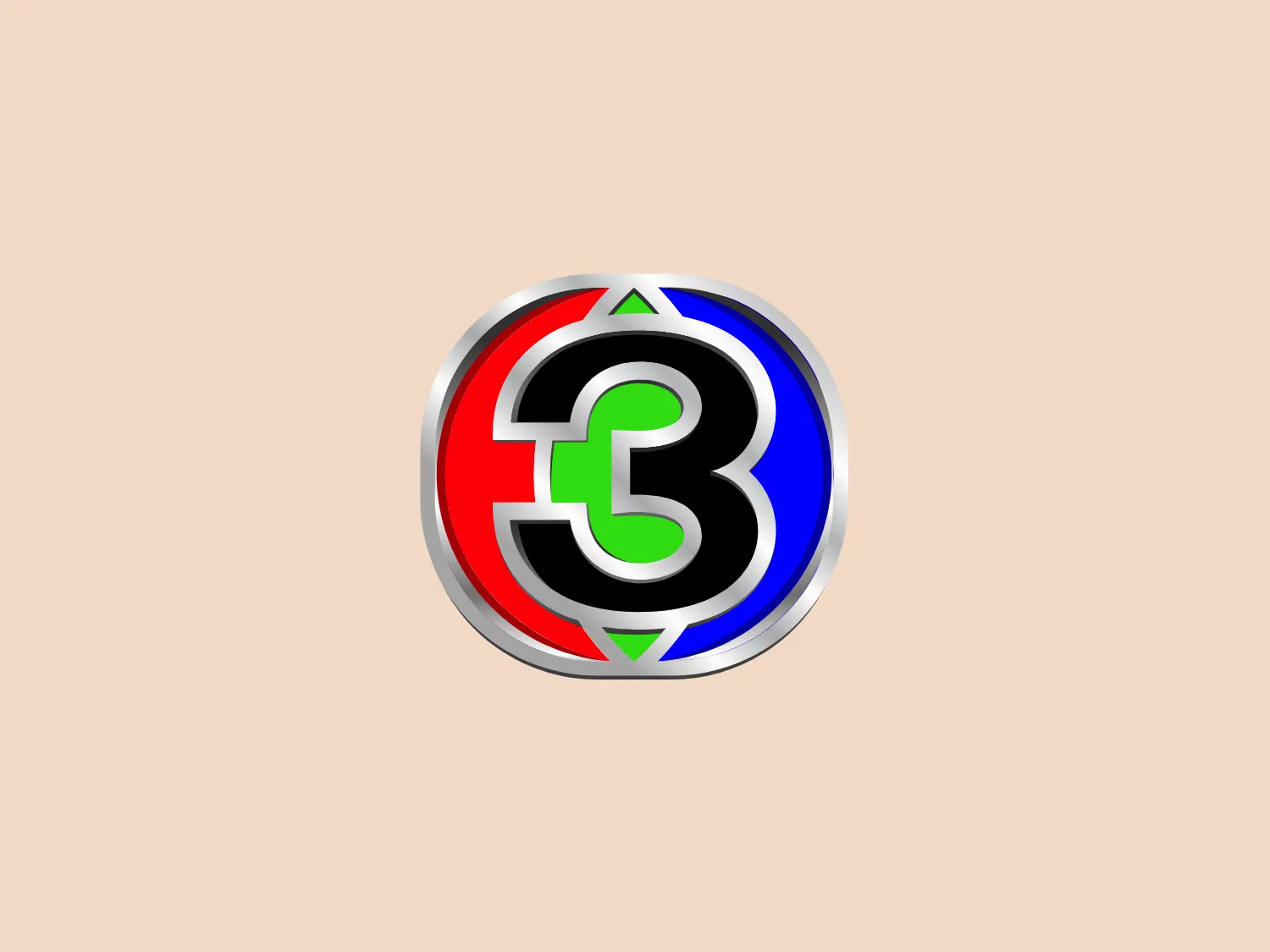 The Channel 3 Thailand logo showcases a bold and stylized "B" at its center, set against a circular frame that incorporates vibrant primary colors. The 3D effect on the "B" provides depth and dimension, complemented by small triangular shapes in green, red, blue, and yellow at cardinal points. The modern and dynamic design suggests innovation and technological connection.