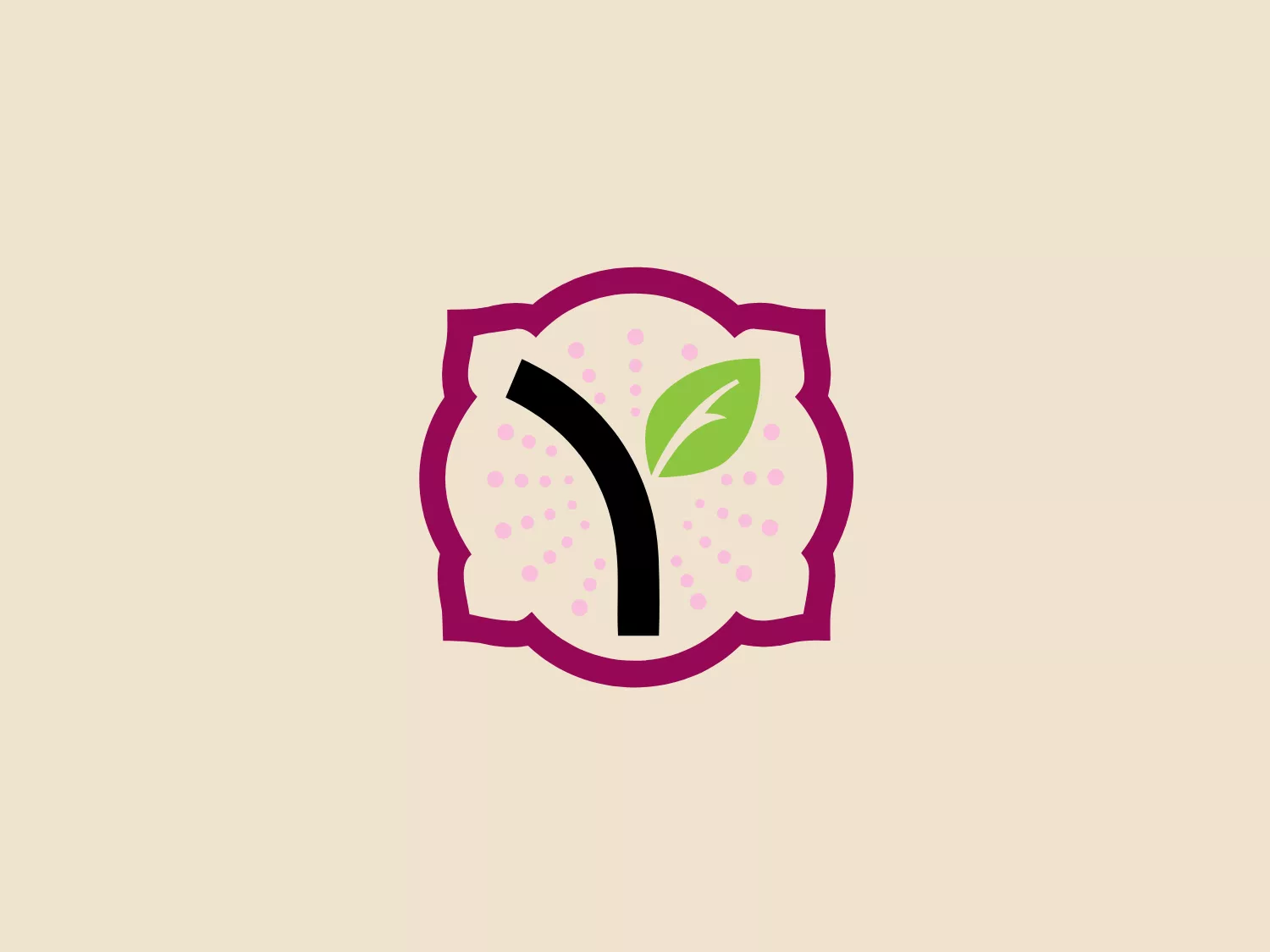 The Yogurtland logo showcases a stylized tree or plant enclosed within a shield-like shape with intricate edging. The plant element is depicted with a black trunk curving to the right and a single green leaf with shading. It emerges from a bed of small, light pink dots that provide texture, resembling soil or a stylized representation of foliage in the background. The shield shape is filled with a soft lavender color and has soft scalloped edges, giving the logo an organic and approachable feel. The overall aesthetic is clean, modern, and employs a limited color palette of black, green, lavender, and pink, with each color distinct and vibrant for visual impact.