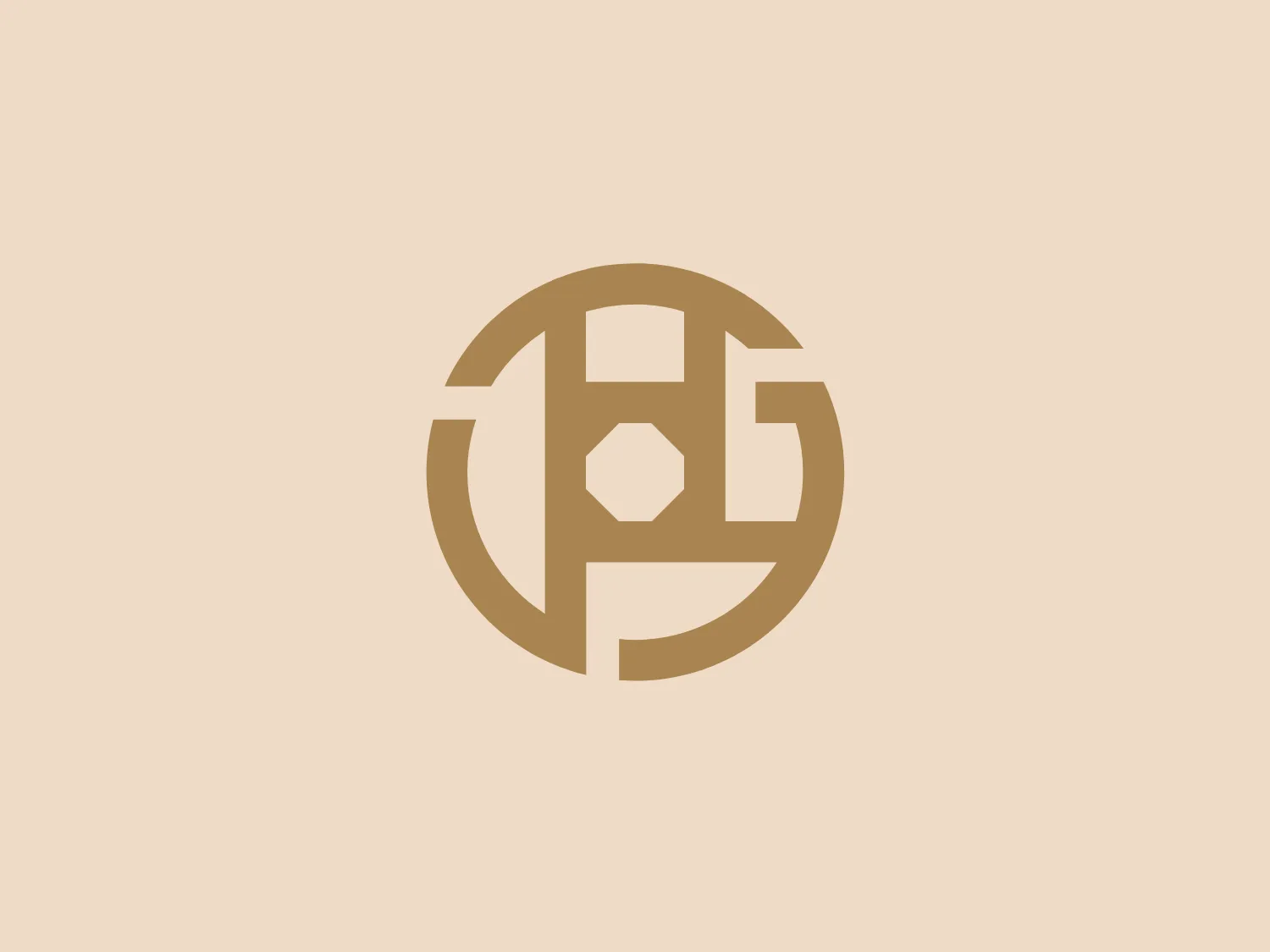 The Prime Group logo is a stylized, modern design consisting of geometric shapes that form what appears to be interconnected letters or symbols within a circular boundary. The primary shape is a bold circle encapsulating a hexagon at the center, with parts of the hexagon extending into trapezoidal forms that create negative space. The elements are arranged symmetrically, suggesting balance and stability. The color of the logo is a monochromatic golden sand tone, giving it an elegant and sophisticated feel. Considering its simplicity and color, a subtle background would complement it well without overpowering the design.