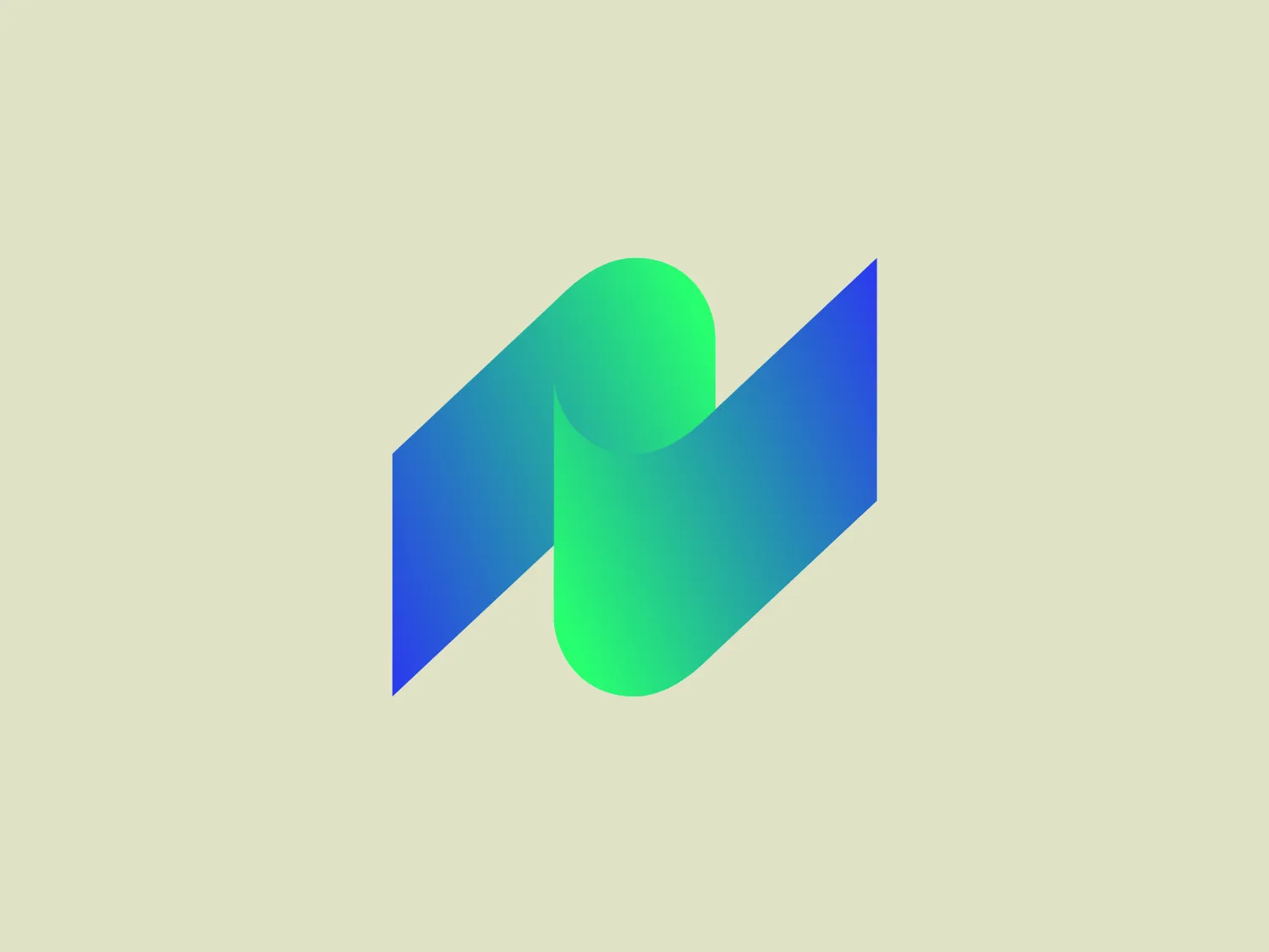 The image shows a modern and minimalist logo composed of geometric shapes. It features two overlapping elements: a green sphere and a blue elongated hexagon with a folded appearance, creating a sense of depth and dimensionality. The design is sleek with smooth curves on the sphere and sharp angles on the hexagon. The color palette is vibrant, with a gradient transitioning from lighter to darker shades, enhancing the 3D effect. The aesthetic is futuristic and would suit a tech or design-oriented brand.