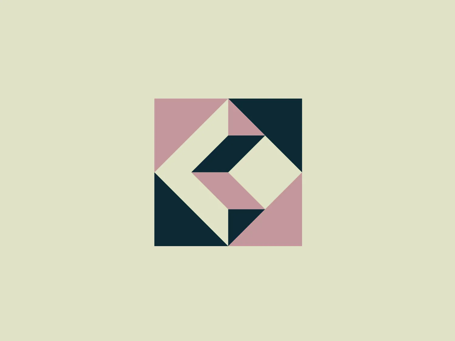 The Cave Interiors logo is a geometric, abstract design with a square frame divided into smaller squares and triangles in a contrasting color palette. The central motif creates a three-dimensional effect of interlocking arrows or chevrons pointing right and left simultaneously. The colors used are muted tones, including dark teal, light blush pink, and off-white. The design is modern and minimalistic, with clean lines and a sophisticated use of negative space to enhance the visual complexity.