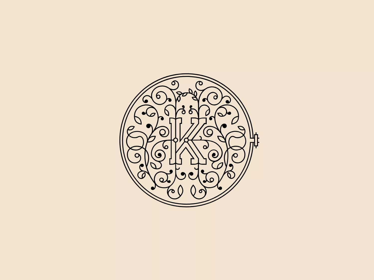 The Kôres Hotel logo features a highly ornate and stylized design, with a large, capital letter 'K' centered within a circular frame. The 'K' is designed with thick, bold lines, while the surrounding decorative elements are intricate and appear almost vine-like in their swirls and curls, filling the circle with a symmetrical, lace-like pattern. The monochromatic logo is presented in black against a white background, exuding an elegant, vintage aesthetic reminiscent of Victorian or Baroque style filigree. Considering the monochrome color scheme, a subtle and unobtrusive background color that complements the logo’s classic elegance would be appropriate.