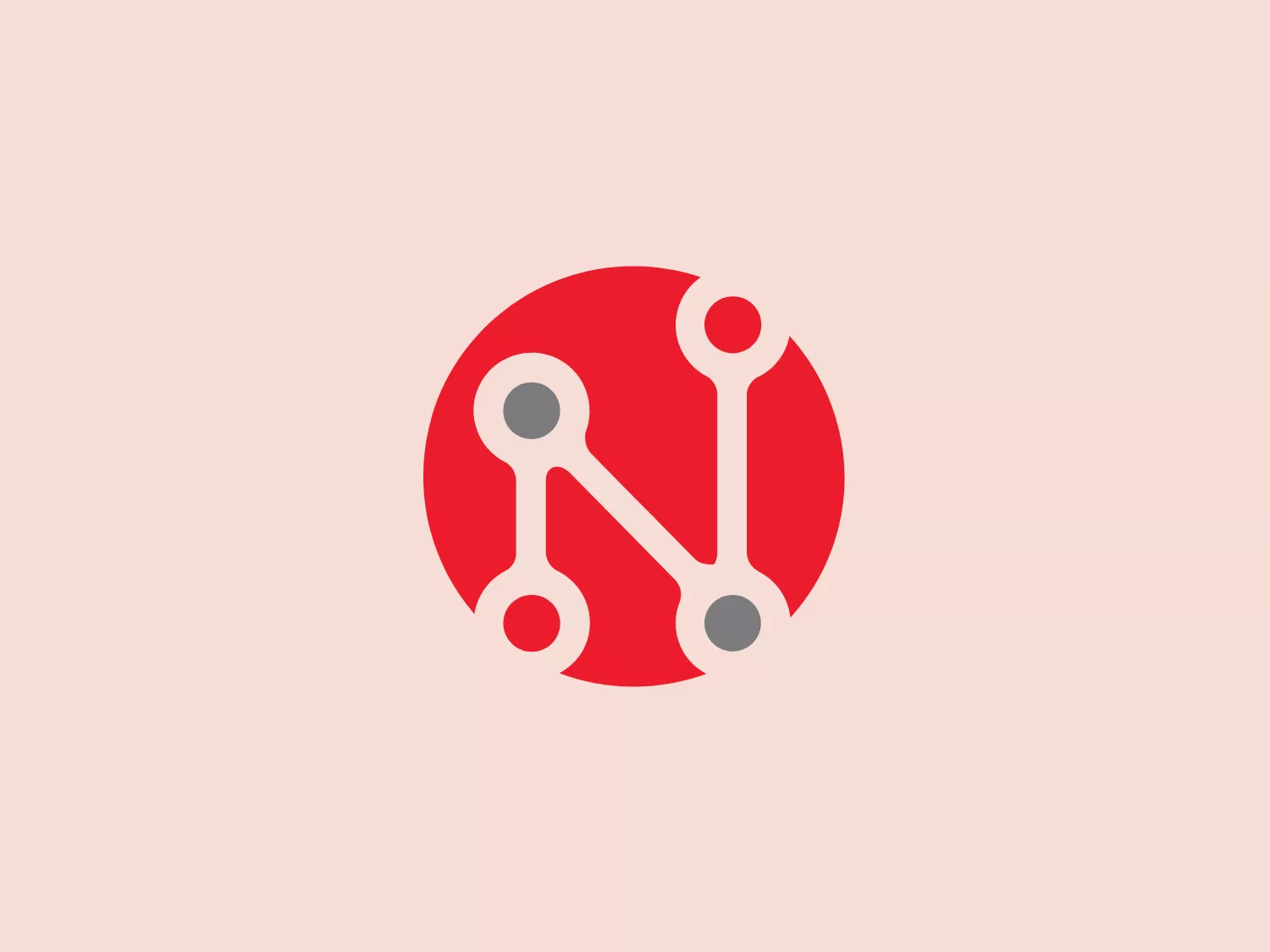The NearForm logo features a circular shape with a deep red background. The foreground consists of a simplified, white stylized representation of a molecule or a network, with three nodes connected by lines, suggesting connectivity or a dynamic structure. The design has a modern and clean aesthetic, illustrating the idea of technology, science, or communication. The nodes vary in size and the connecting lines have different lengths, giving a sense of asymmetry and movement within the structure.