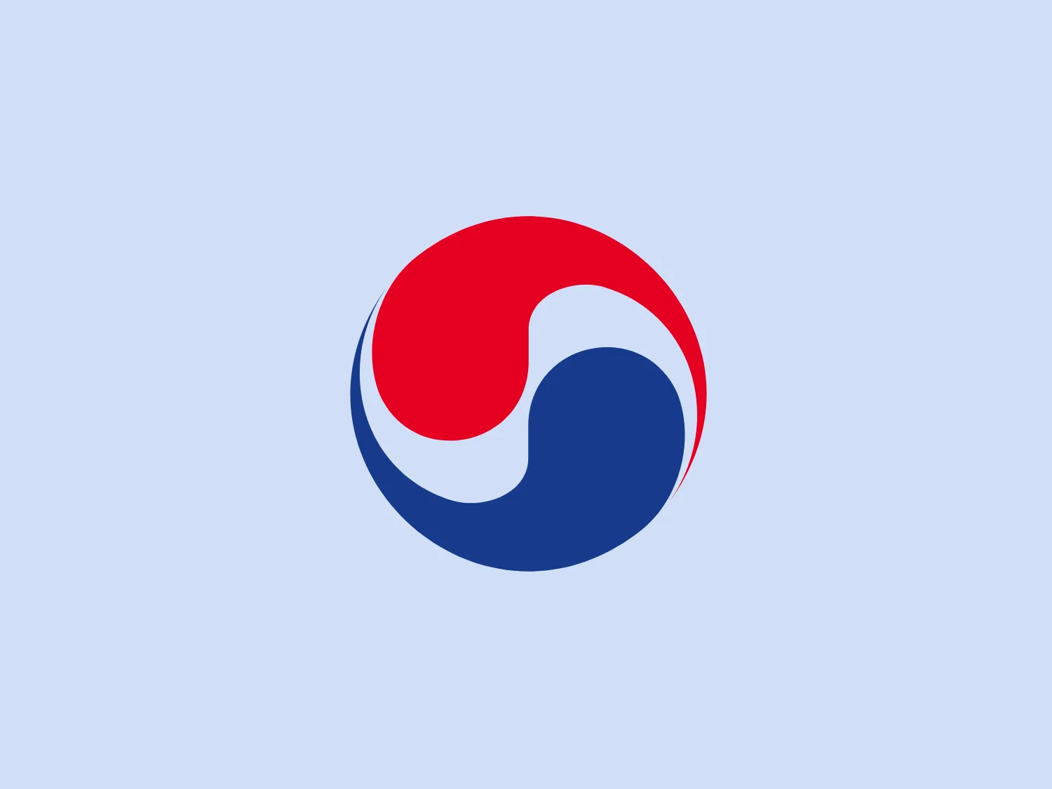 The Korean Air logo is represented by a circle composed of two mirroring teardrop shapes, creating a balanced and dynamic visual effect. One side is a deep blue, while the other is a bold red, symbolizing harmony and duality. The arrangement resembles the yin and yang symbol, representing complementarity and interconnectedness. The point where the colors meet forms a perfect S-curve, emphasizing flow and continuity. The logo exudes unity and simplicity with clean lines and no additional embellishments.