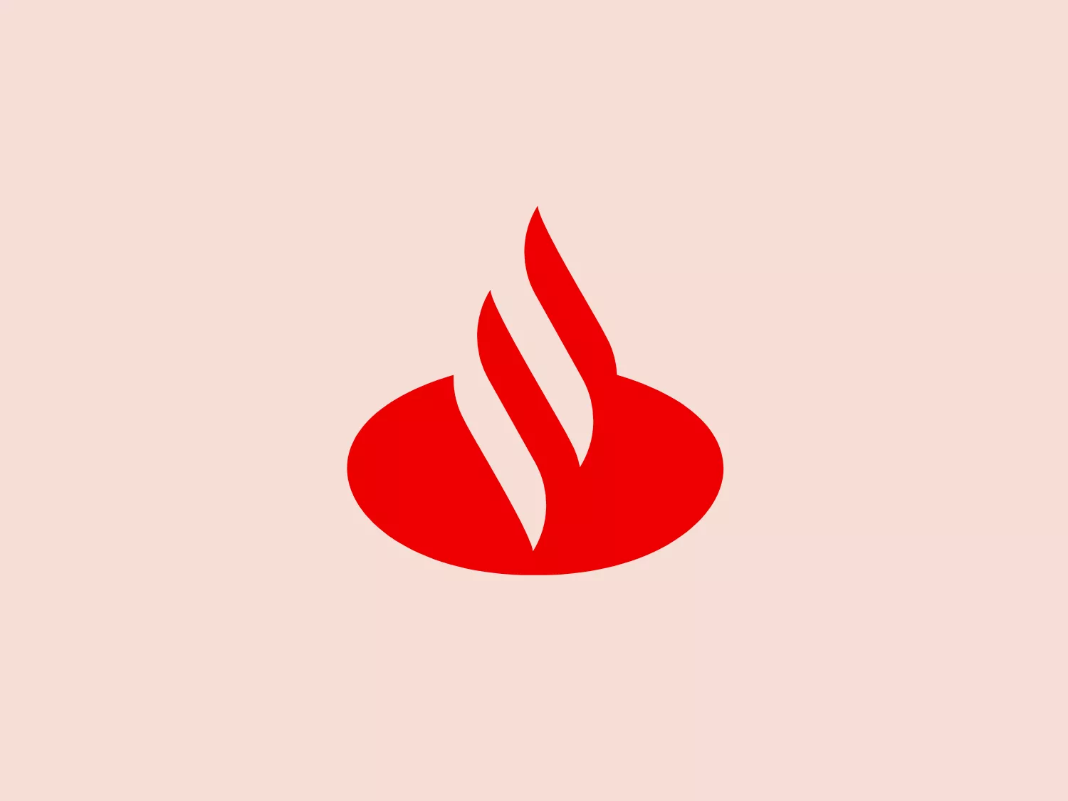 The Banco Santander logo features a dynamic, stylized flame with three smooth, pointed elements rising diagonally to the right, suggesting movement and energy. The flame itself sits atop an oval base, giving an impression of stability. The bold red color of the flame communicates power and passion, while the white gaps between the flame's tendrils add depth and a modern twist to the design. It has a clean and striking simplicity that could represent a variety of concepts from warmth to innovation. The overall aesthetic is contemporary and sleek, likely designed to convey a sense of cutting-edge presence or spirited activity.