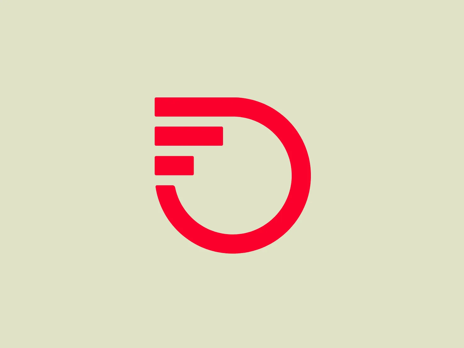 The image depicts a bold, modern logo consisting of a stylized letter "D" in a striking, saturated shade of red. The letter is formed by a circular shape intersecting with three horizontal bars, creating a dynamic visual effect evoking a sense of innovation or progression. The aesthetic is clean and professional, suitable for a brand seeking a contemporary look.