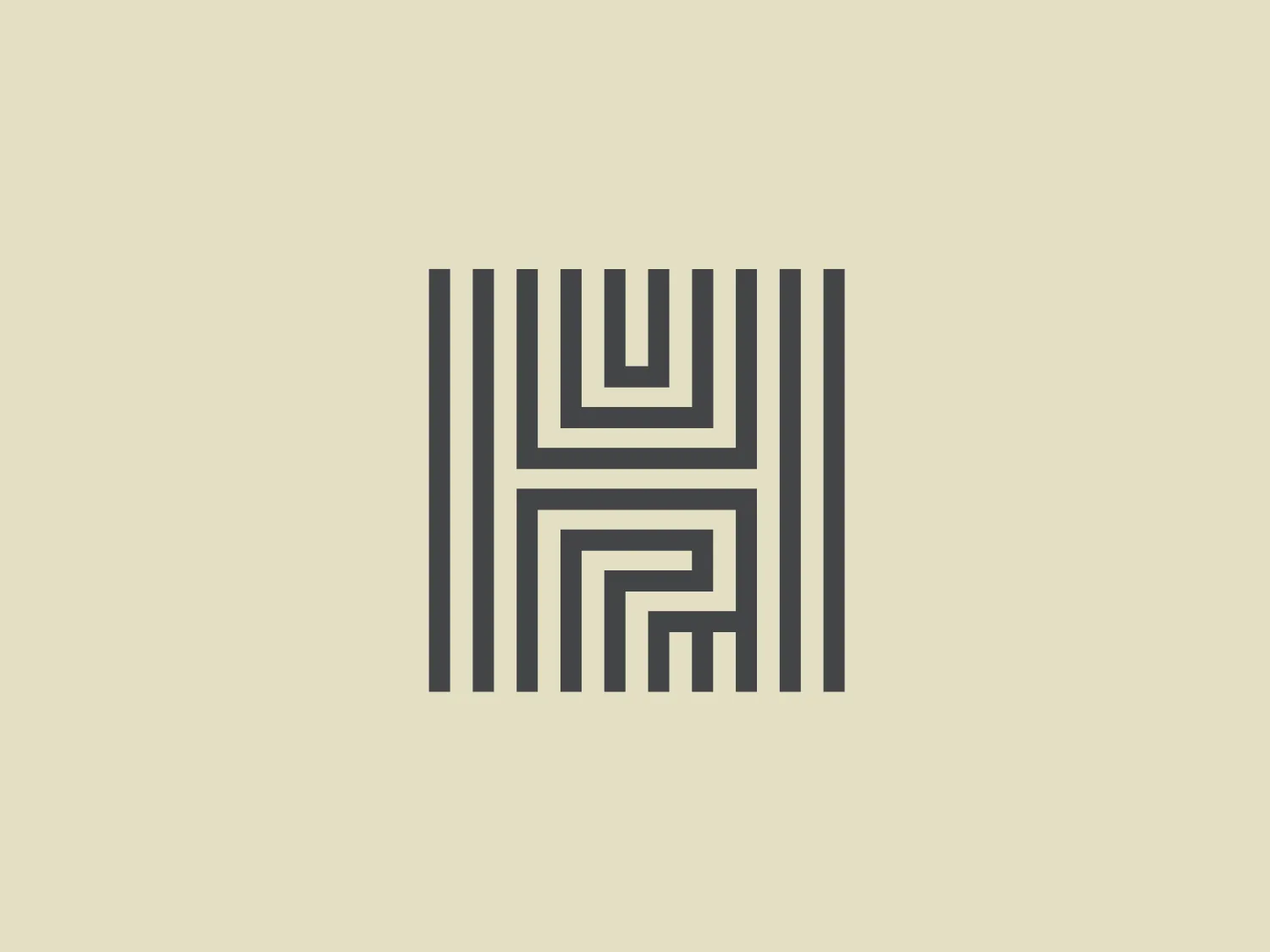 The Hyde Park logo features a stylized maze or labyrinth design, composed of straight, vertical and horizontal lines to construct a square, tiered pattern reminiscent of a geometrical puzzle. The aesthetic is minimalist and modern, employing a monochromatic color scheme that uses shades of dark grey to create contrast and depth. The design is symmetrical, exuding a sense of balance and precision. An interesting feature of this logo is its potential to be perceived as either a two-dimensional pattern or a three-dimensional structure, depending on how the viewer's eye navigates the interlocking lines.