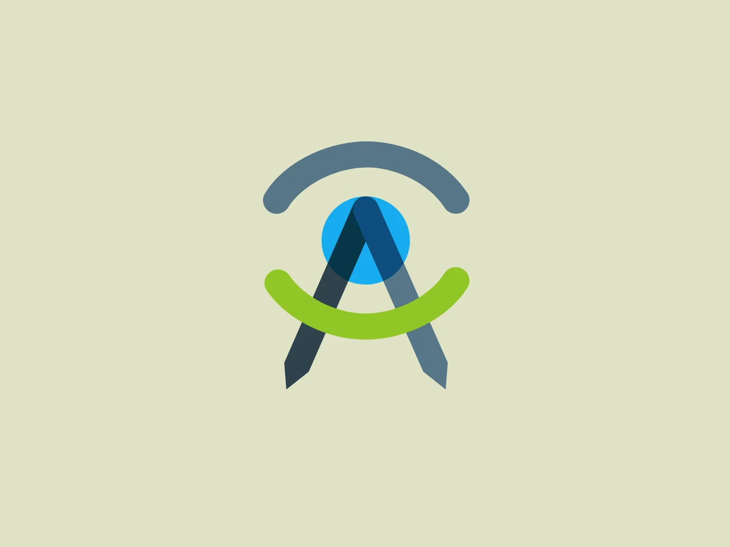 The Find my Architect logo is presented as a stylized abstract design, featuring three overlapping elements in gray, blue, and green. The gray shape on top resembles an arch or a bridge, while the blue shape at the center is circular, suggesting a sphere or an orb. The green element at the bottom appears as a curved, upward-facing arc or a soft chevron. The overall look of the logo is modern and simplistic, with a sense of dynamic interaction between the shapes. The design uses cool tones and gentle curves to create a harmonious and balanced aesthetic.