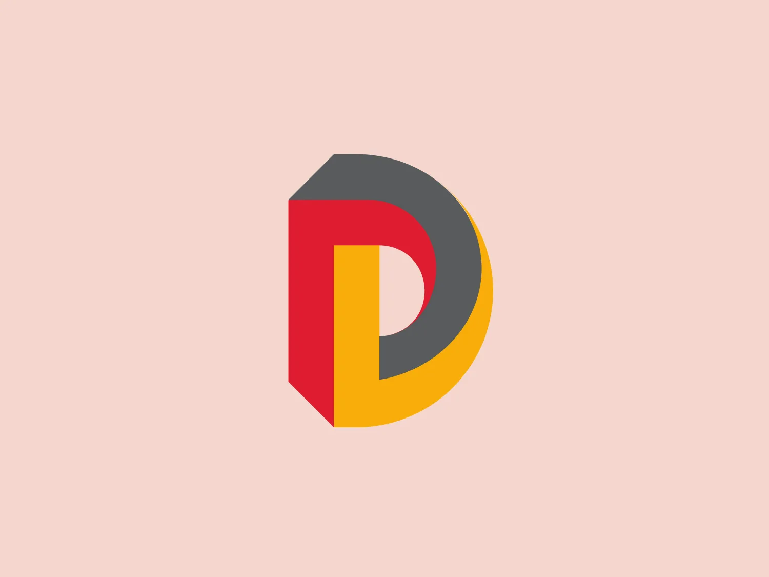 The Verband 3DDruck logo depicts a stylized letter 'D' with shading and color gradients for a three-dimensional effect. It features bold gray, warm red, and muted yellow colors, adding depth and contrast. The design is modern, minimalistic, sleek, and geometric, employing subtle gradients for curvature and dimensionality.