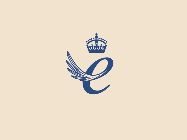 The Queen's Awards logo features a stylized letter "E" with a dynamic, wing-like extension on the letter's left side, suggesting motion or speed. The letter is in a deep blue color with a slight gradient, giving it depth and a polished, professional look. The wing element is finely detailed, with multiple feather-like lines that add to the sense of elegance and grace. Above the "E," there is a small, intricate crown, detailed with crosses and dots, indicating a sense of regality or superiority. The overall design aesthetic is one of sophistication and high-end branding. Considering the deep blue color of the logo, a light and subtle background would complement it well.